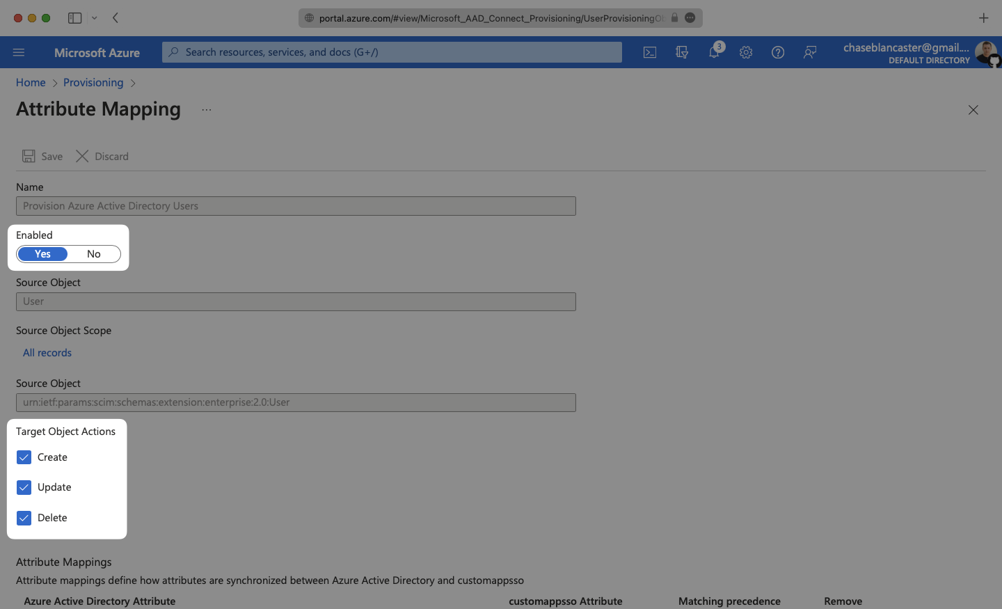 A screenshot showing where to ensure User attribute mappings are enabled in Azure.