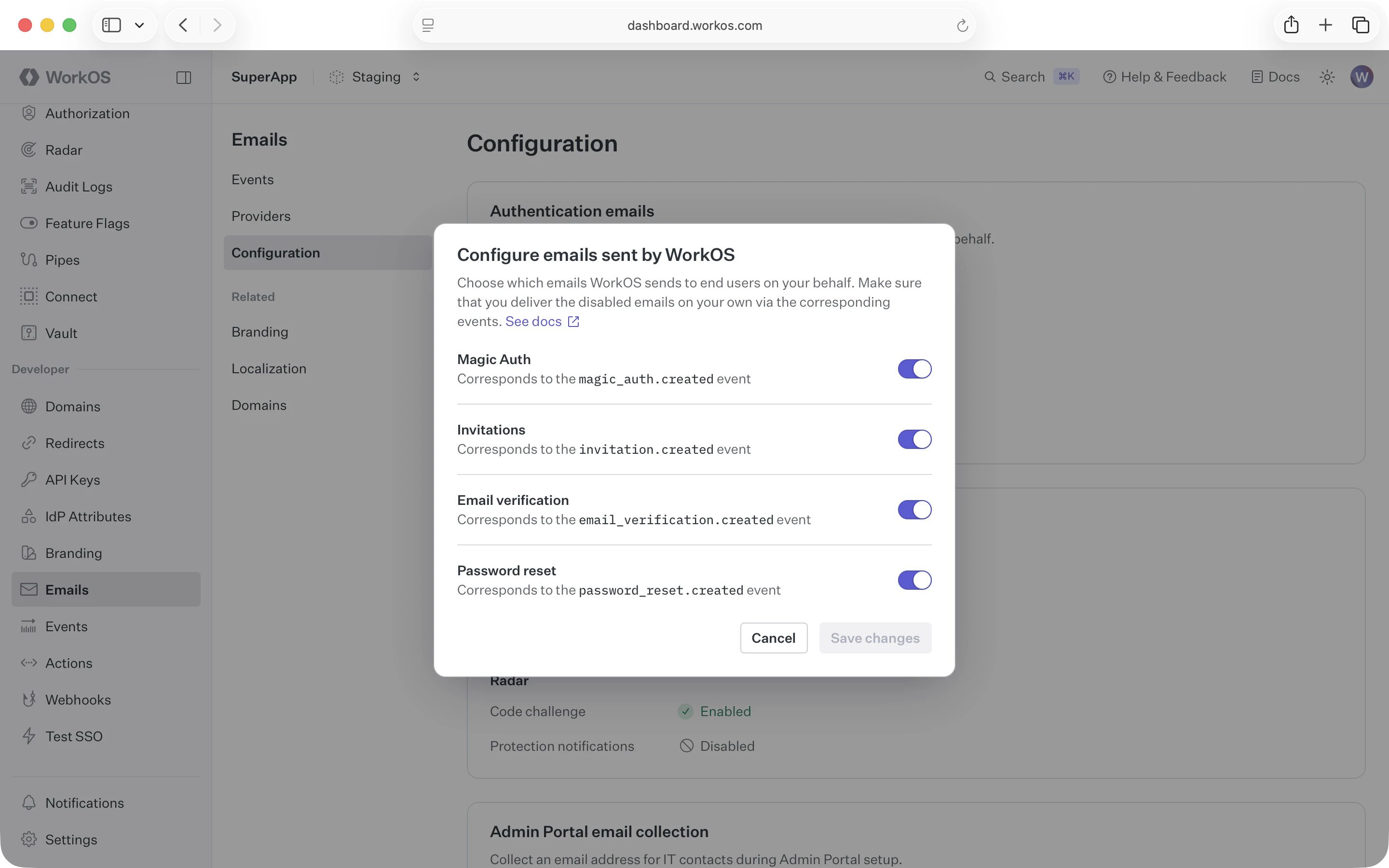 A screenshot showing the WorkOS Dashboard dialog for email settings