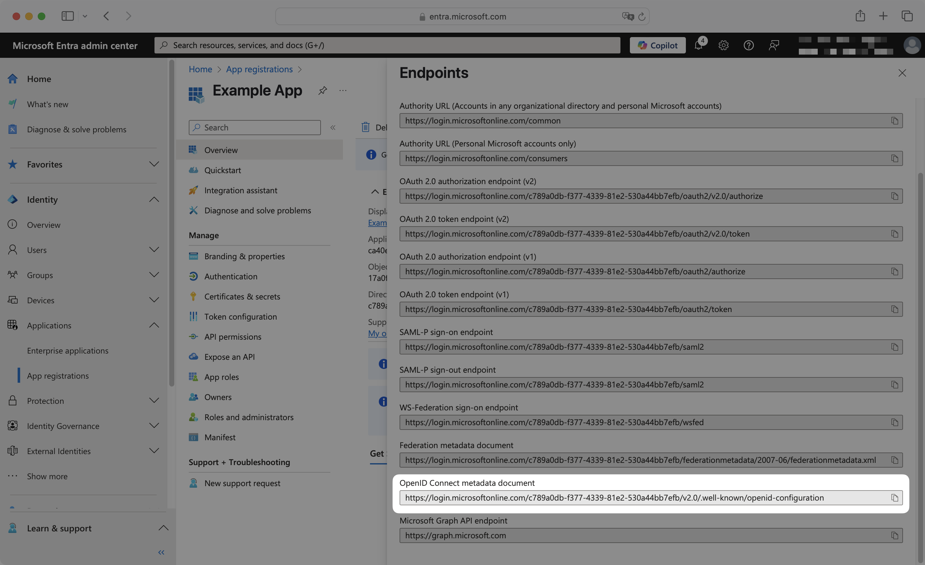 Endpoints list showing OpenID Connect metadata document URL