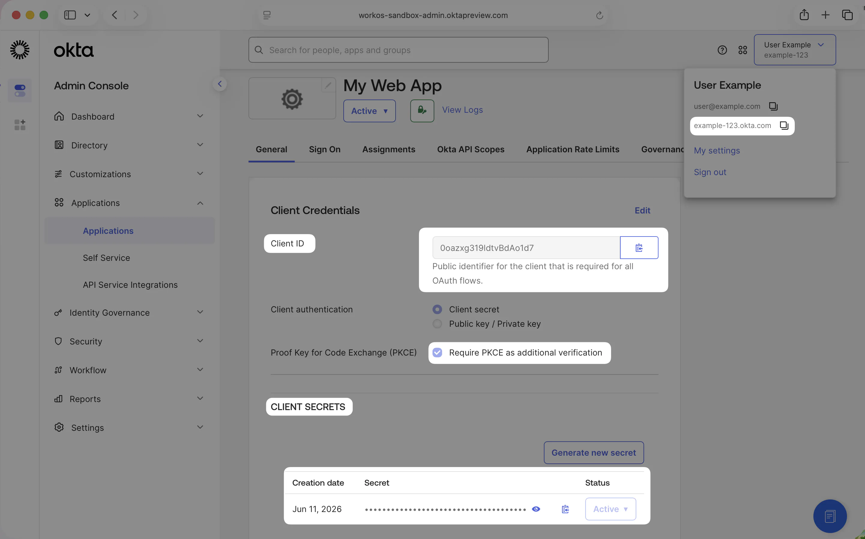 Okta app General tab showing Client Credentials with PKCE enabled