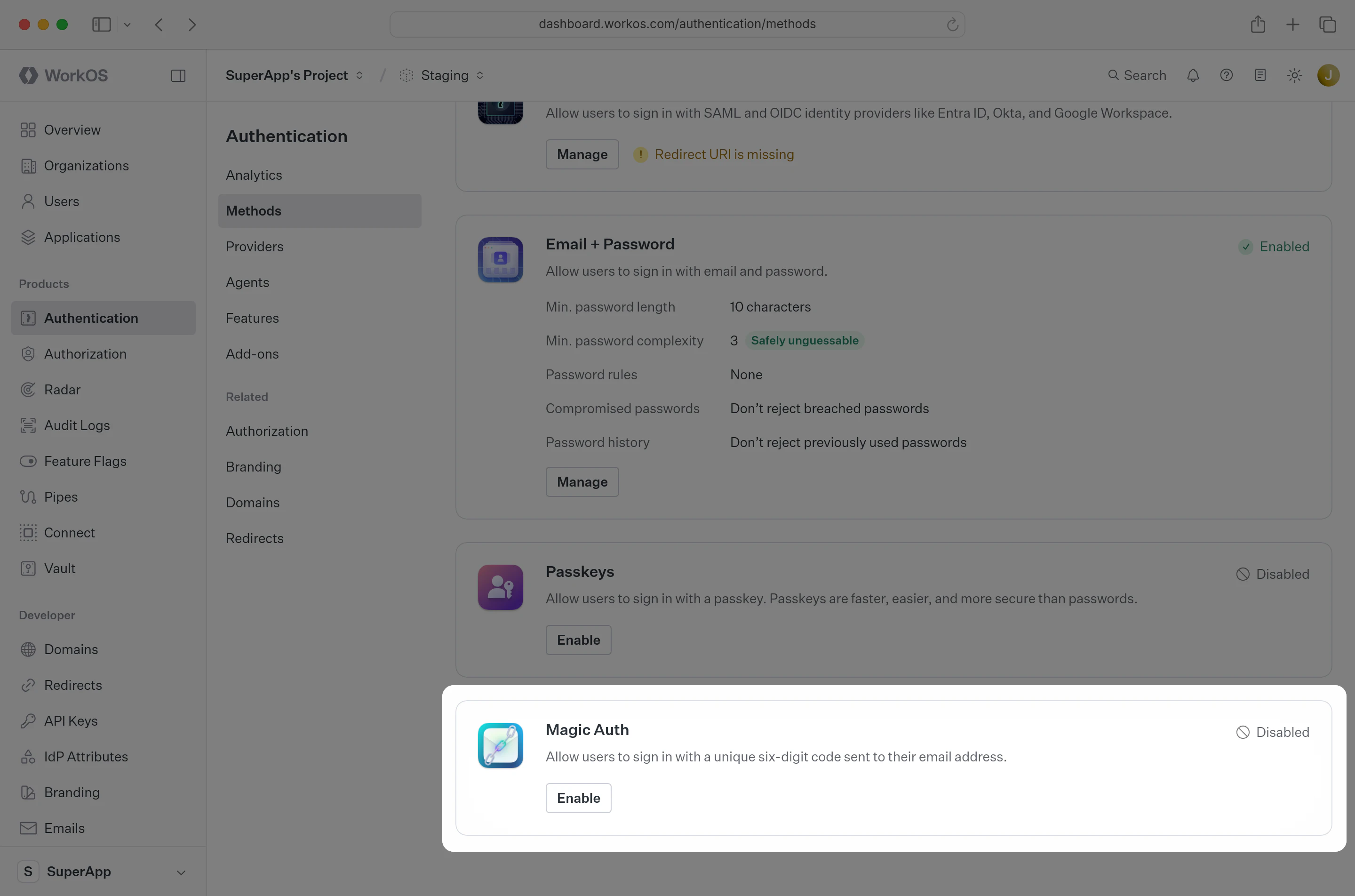 Dashboard showing how to enable Magic Auth