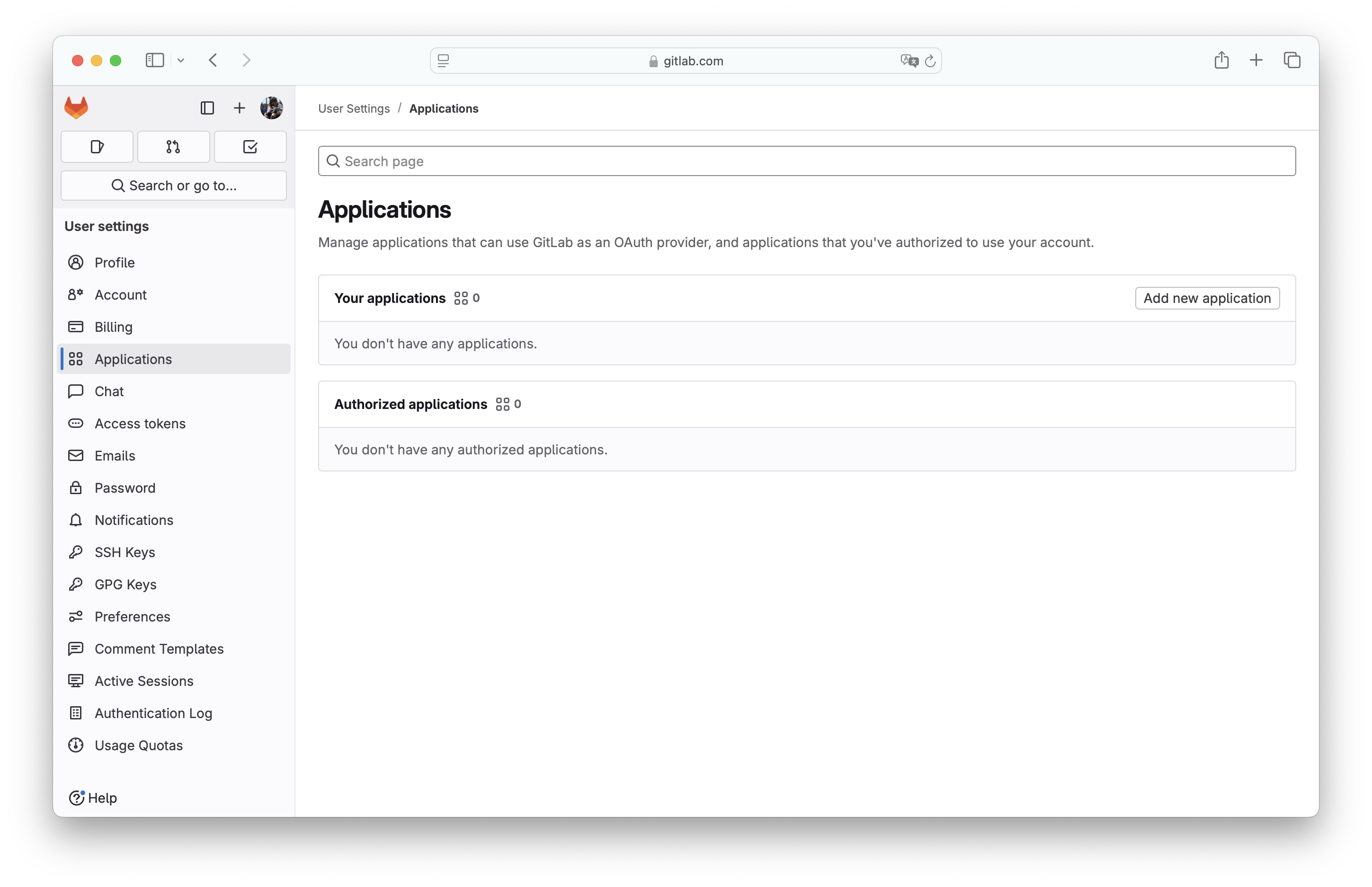 GitLab page to register a new OAuth application.