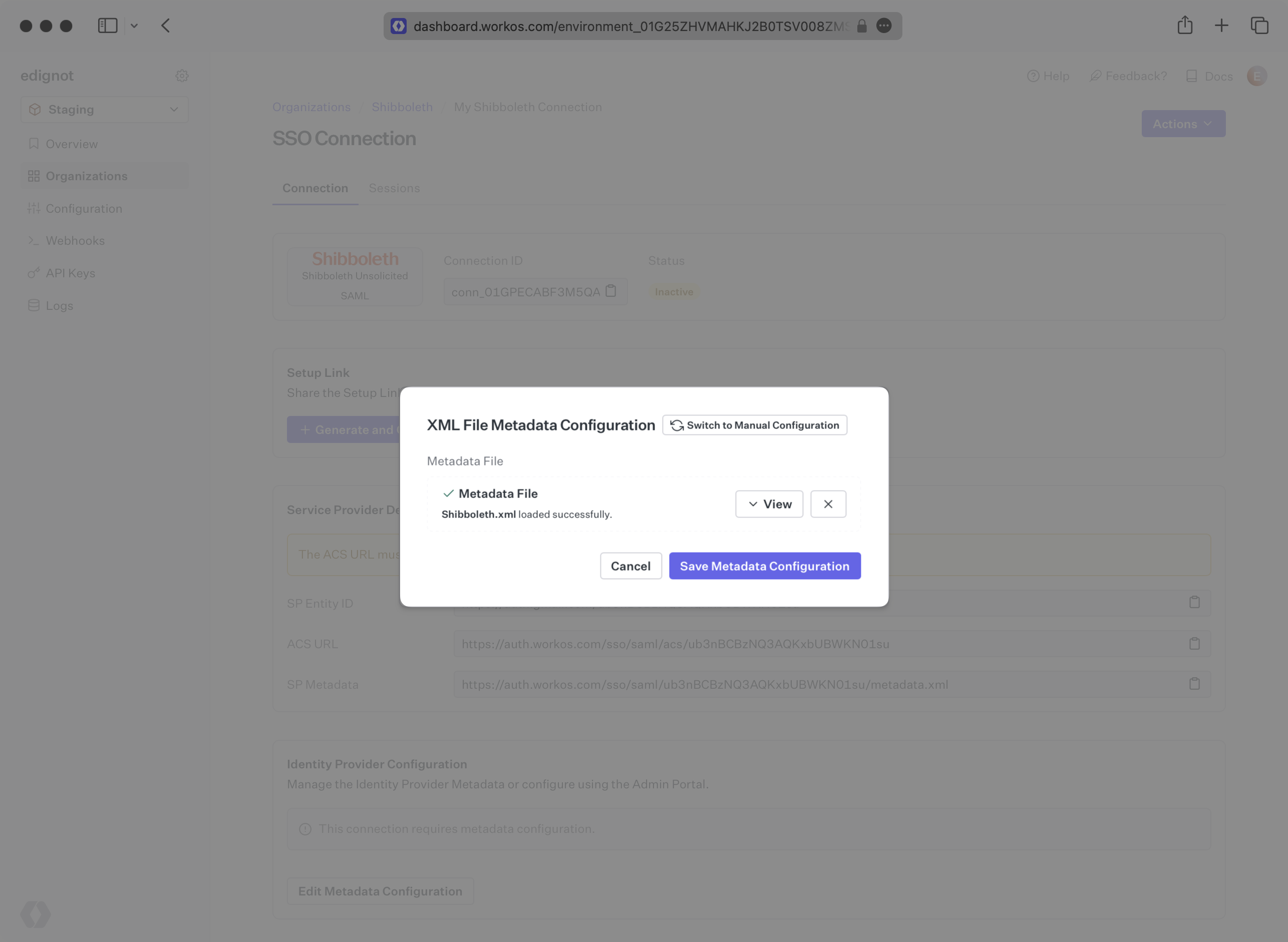 A screenshot showing where to upload and how to save the IdP metadata URL in the WorkOS dashboard.