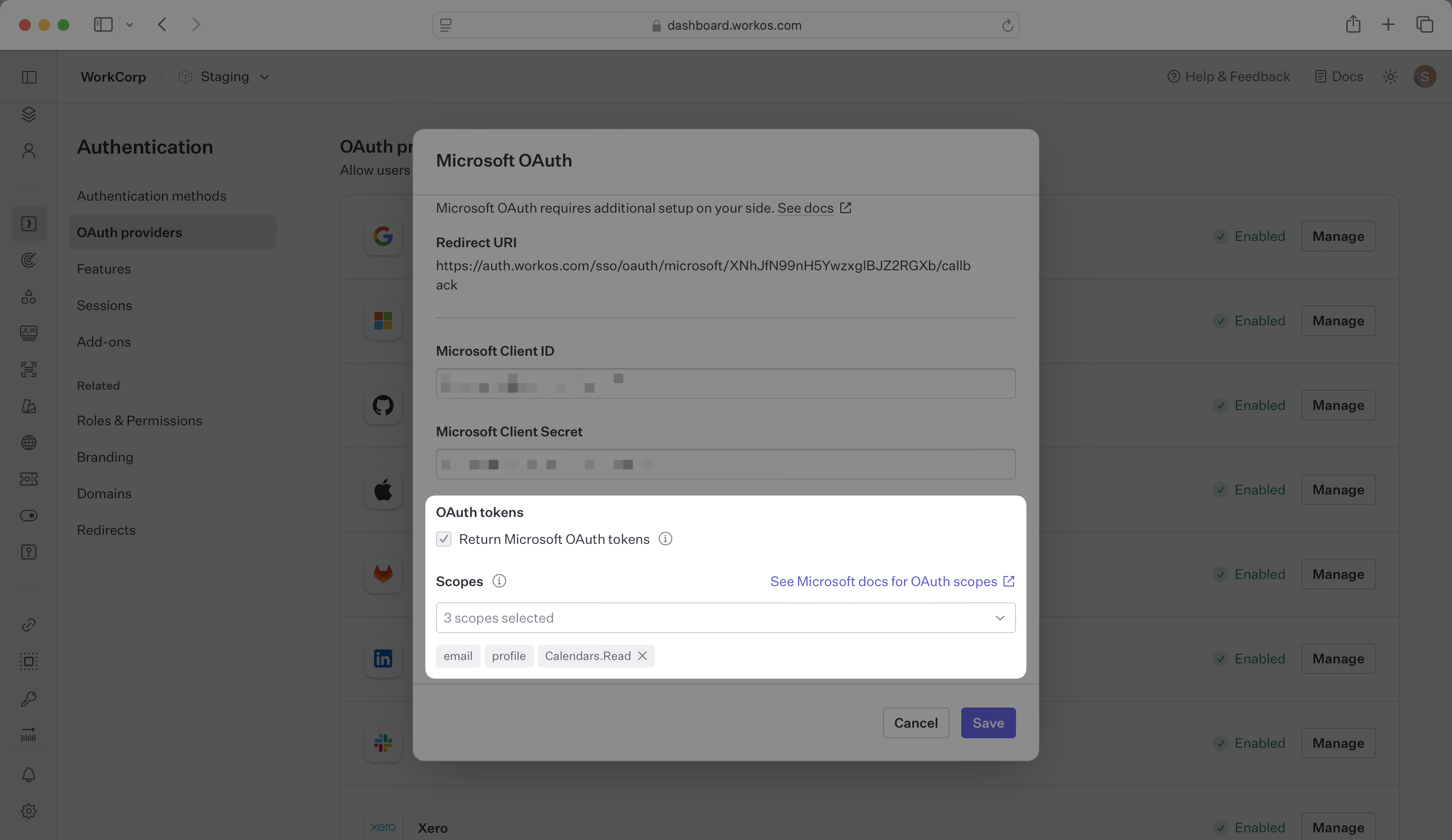 A screenshot showing Microsoft OAuth scopes configuration in the WorkOS Dashboard