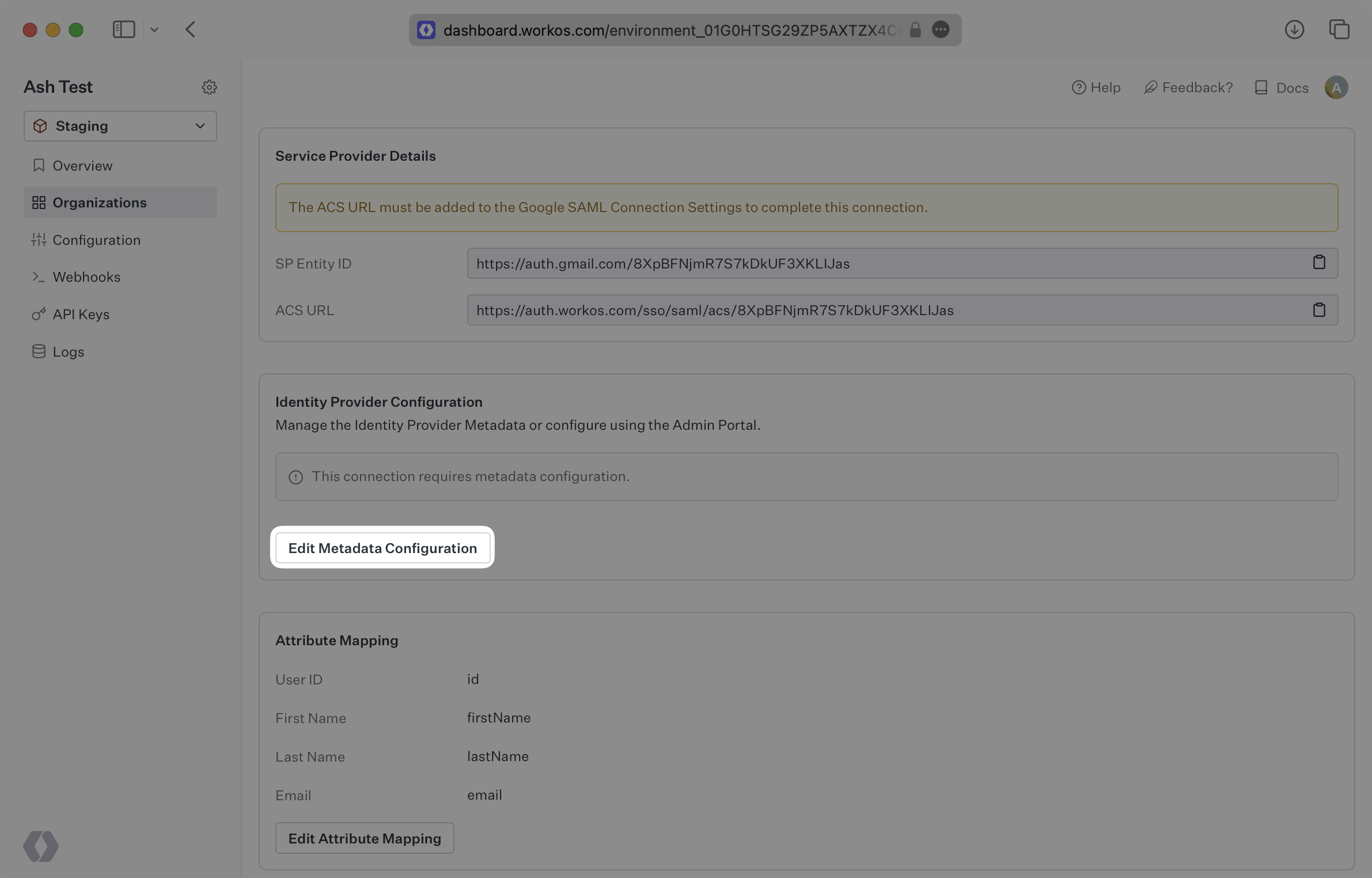 A screenshot showing the “Edit Metadata Configuration” button in the WorkOS Dashboard.