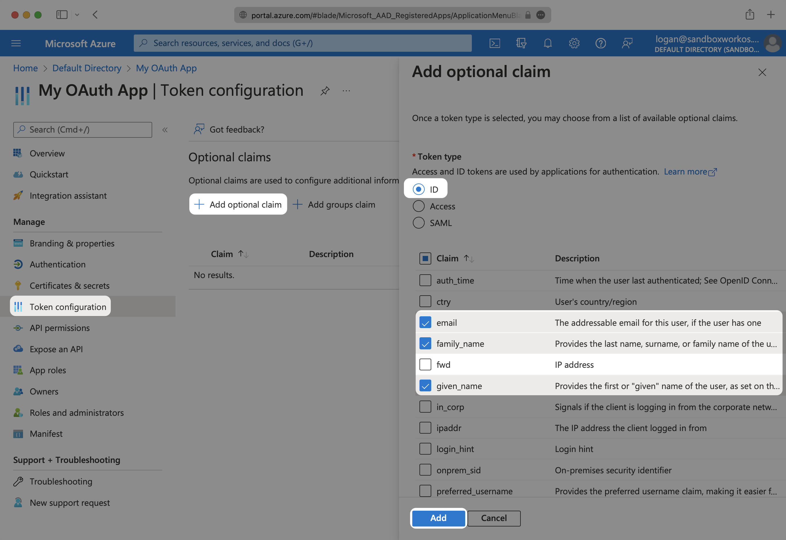 Where to add claims in the Azure App Settings.