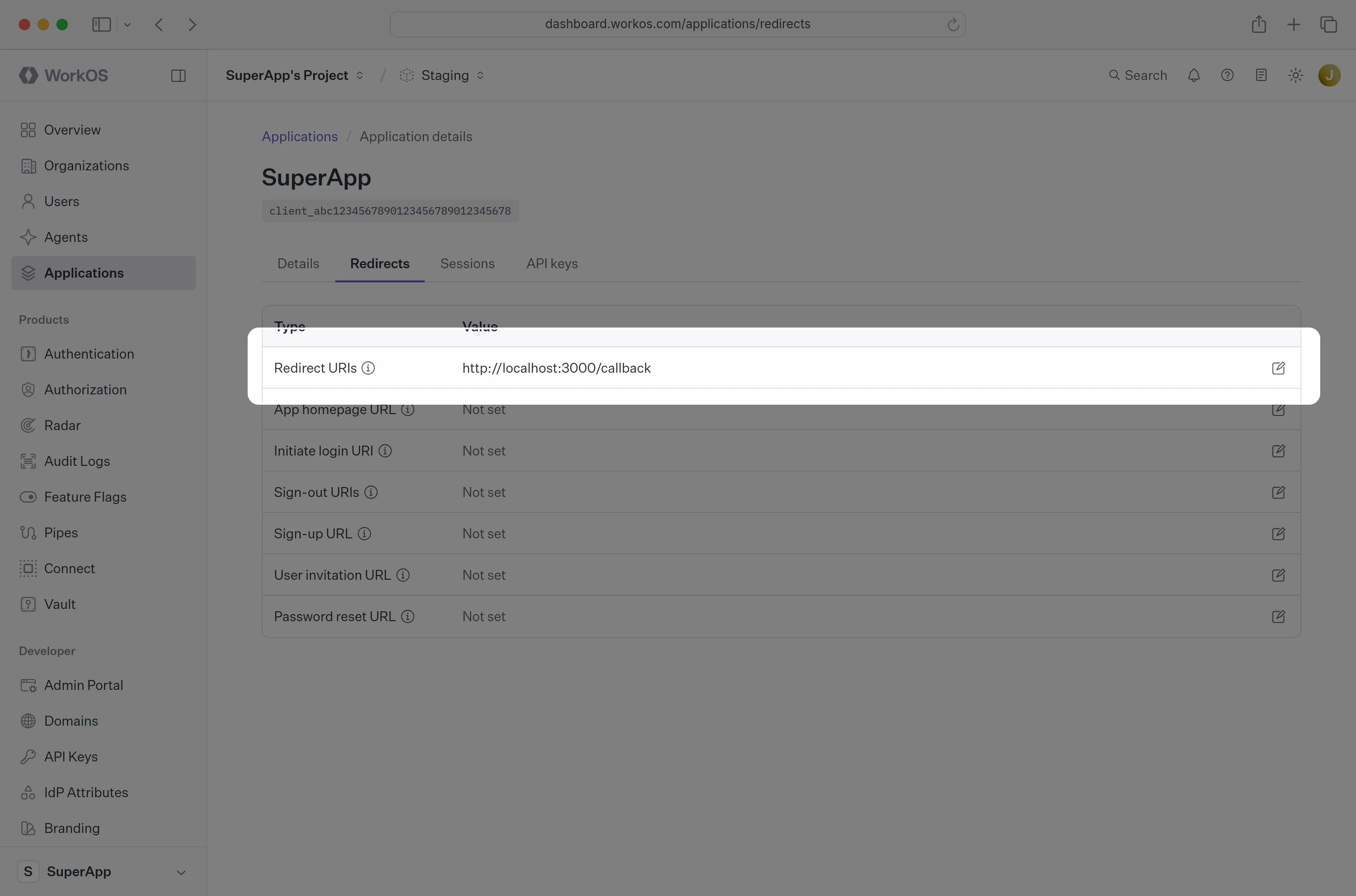 Dashboard redirect URI