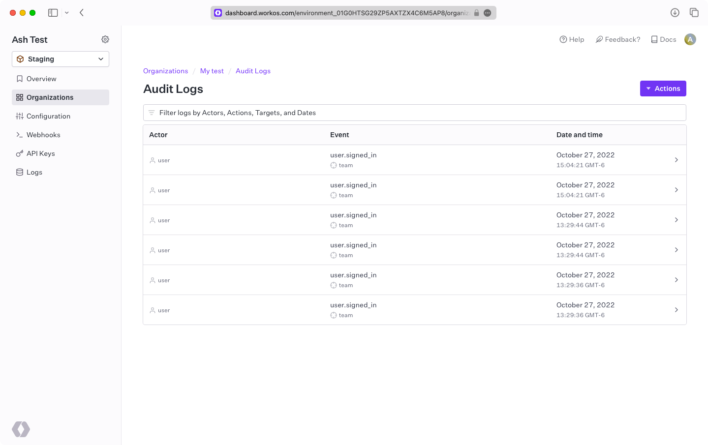 A screenshot showing Audit Log events for an organization in the WorkOS dashboard.