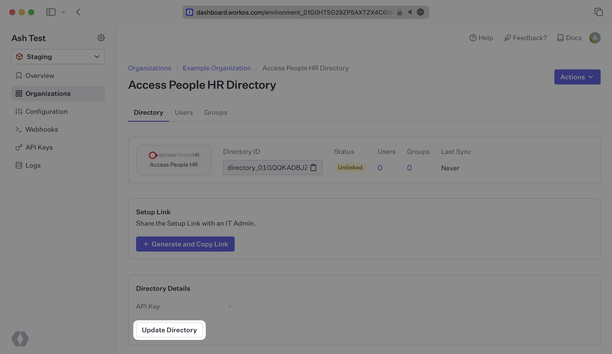 A screenshot showing where to find "Update Directory" in the WorkOS Dashboard.