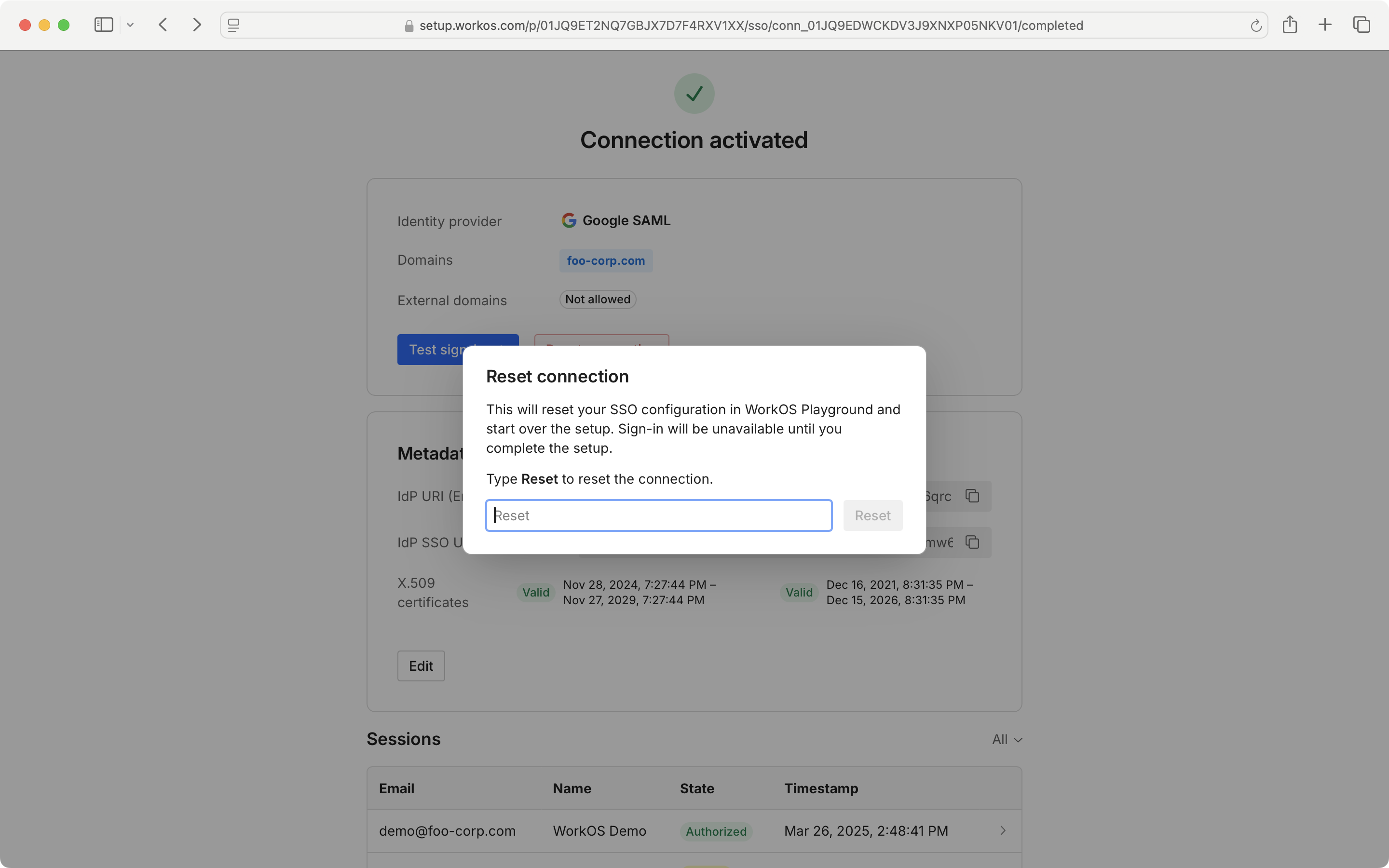 A screenshot showing how to "Reset Connection" within the Admin Portal SSO screen.