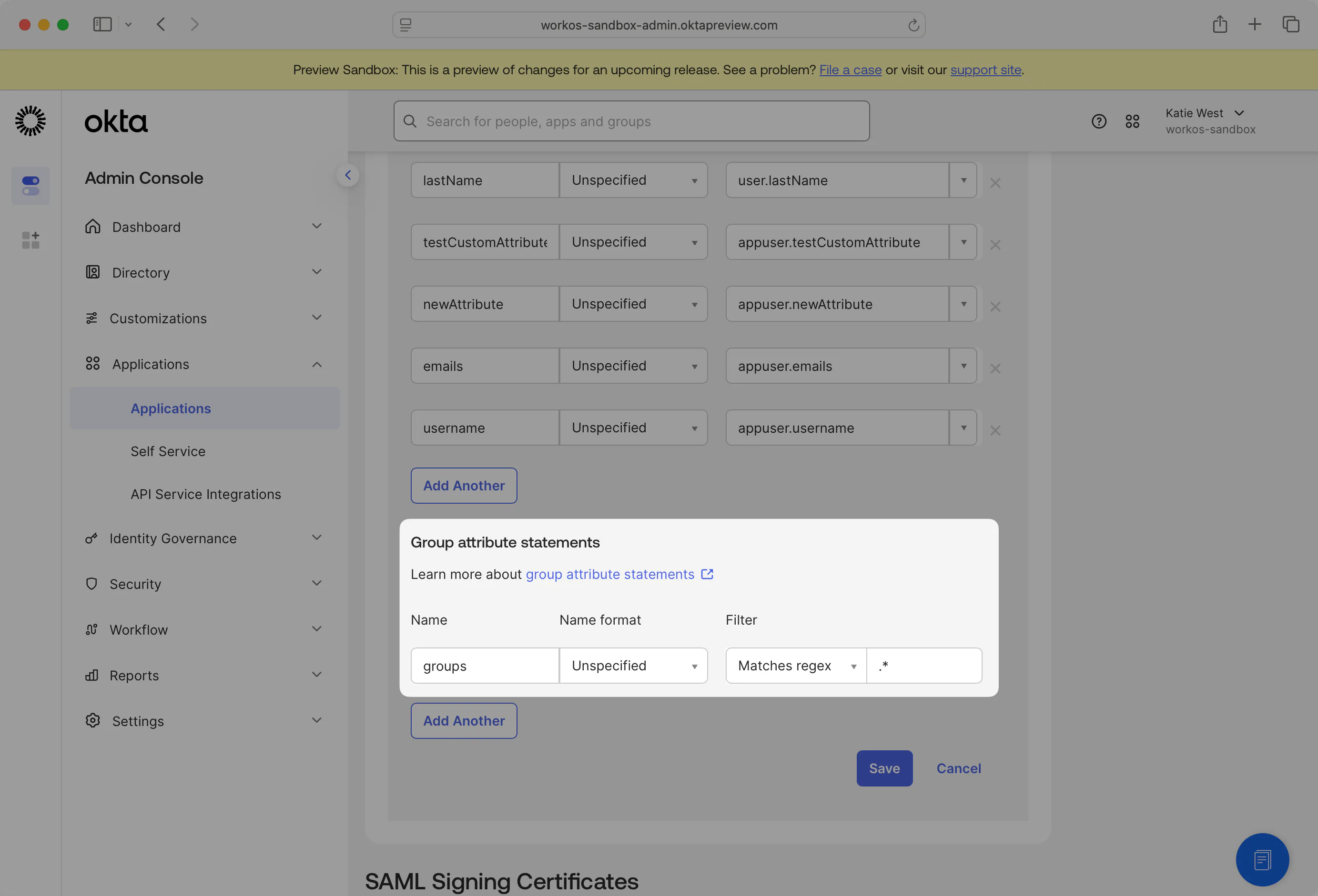 A screenshot showing the "Group attribute statements" configuration in the Okta Dashboard.