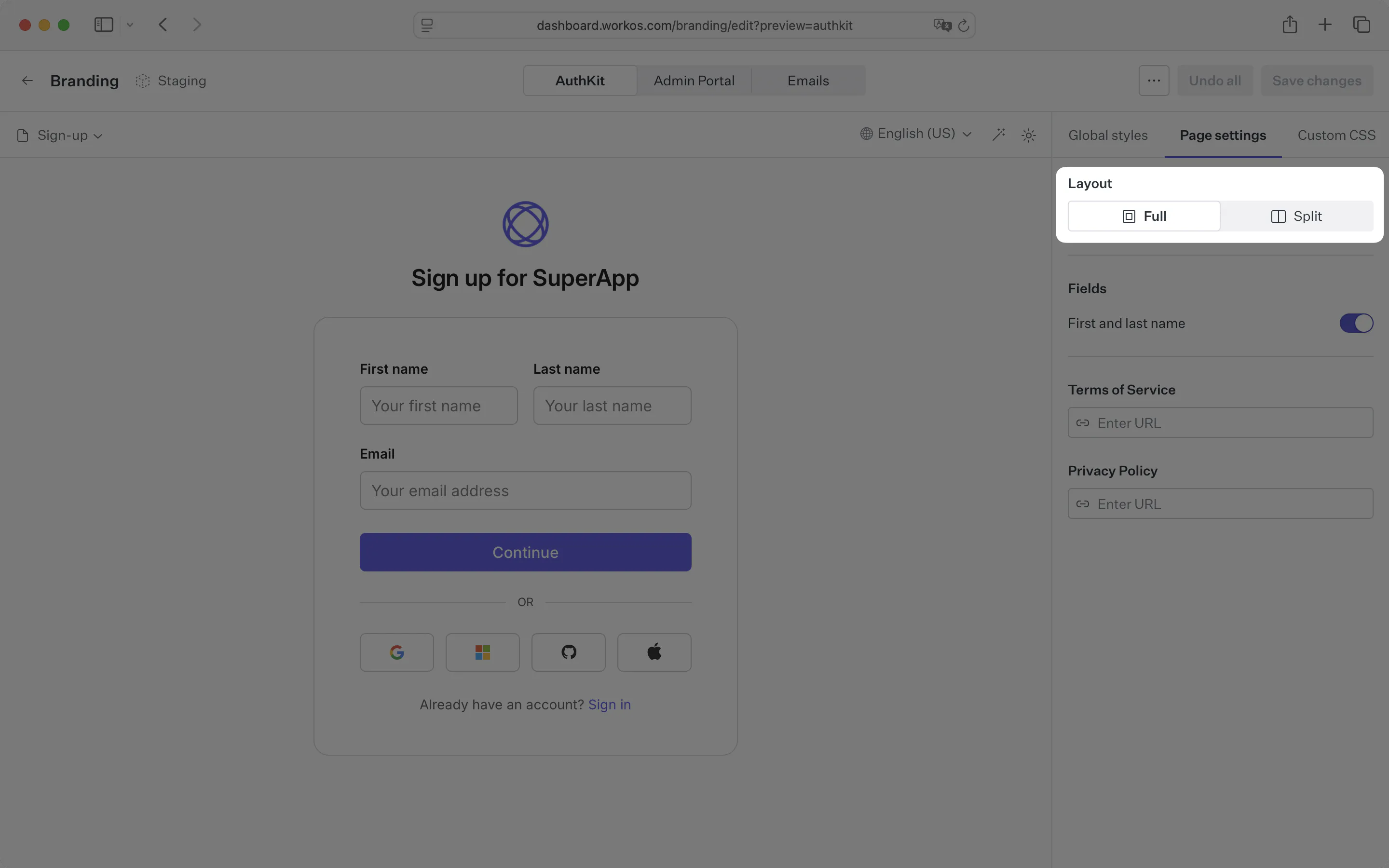 Page layout in the brand editor