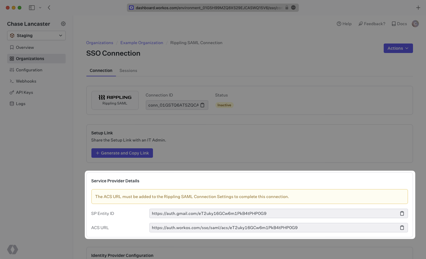 A screenshot showing the "ACS URL" and "SP Entity ID" in the WorkOS dashboard.