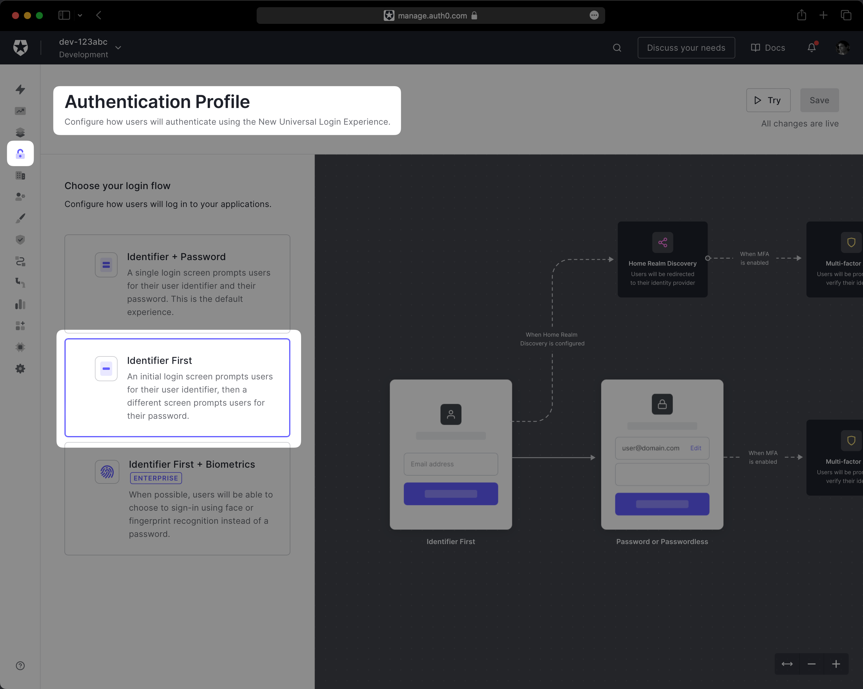 A screenshot showing "Identifier First" selected in the Auth0 dashboard.