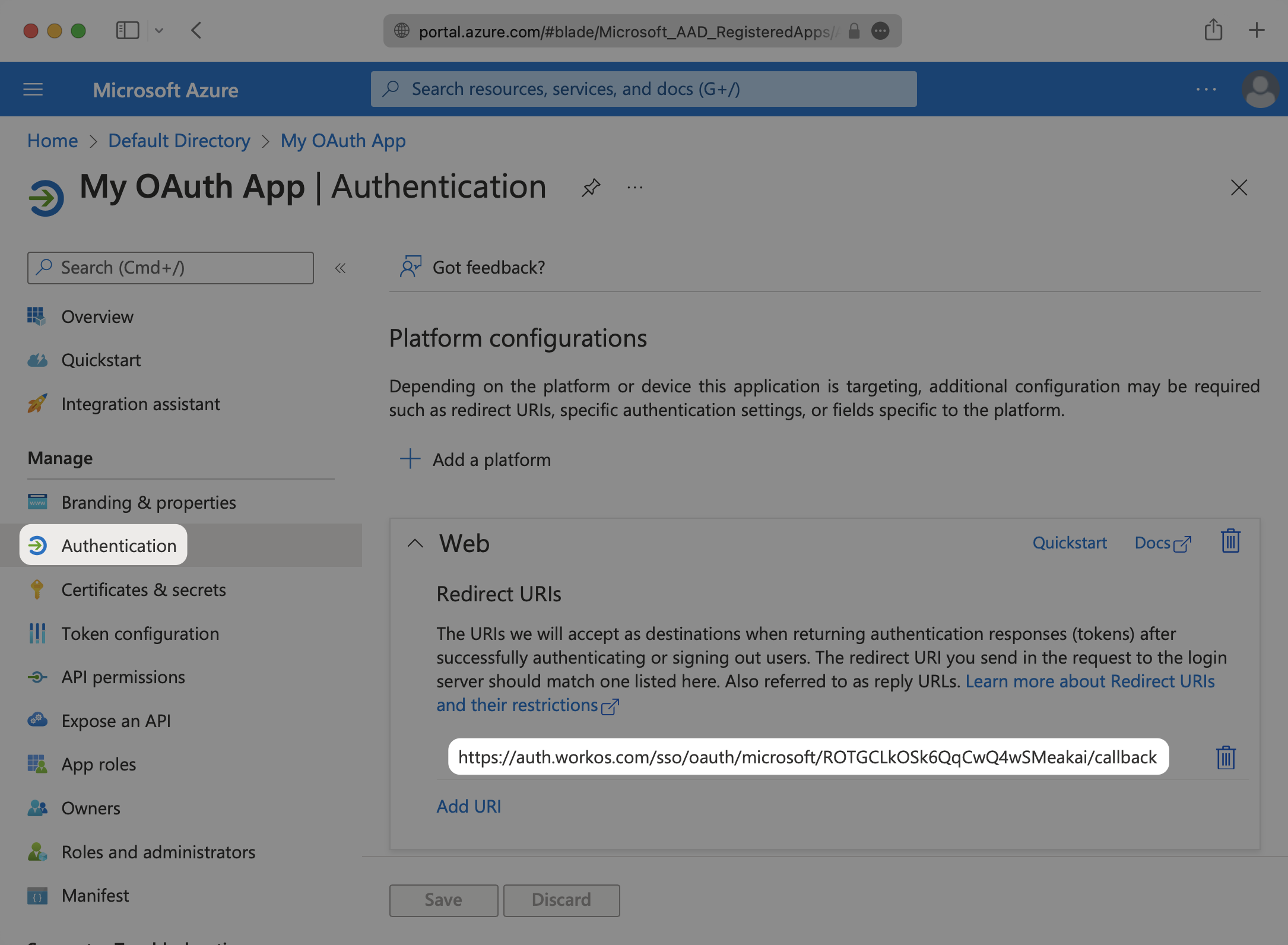 Where to enter the Redirect URI in the Azure App Settings.