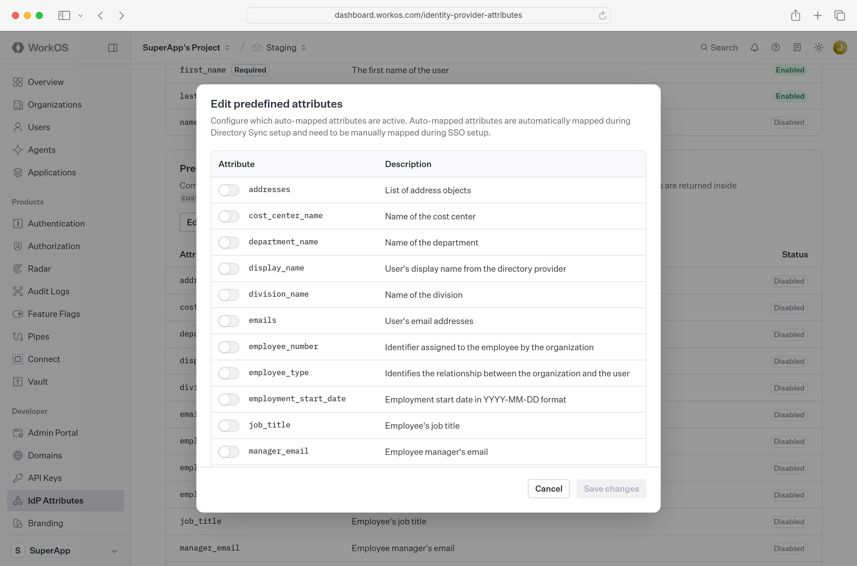 WorkOS Dashboard UI showing editing predefined attributes