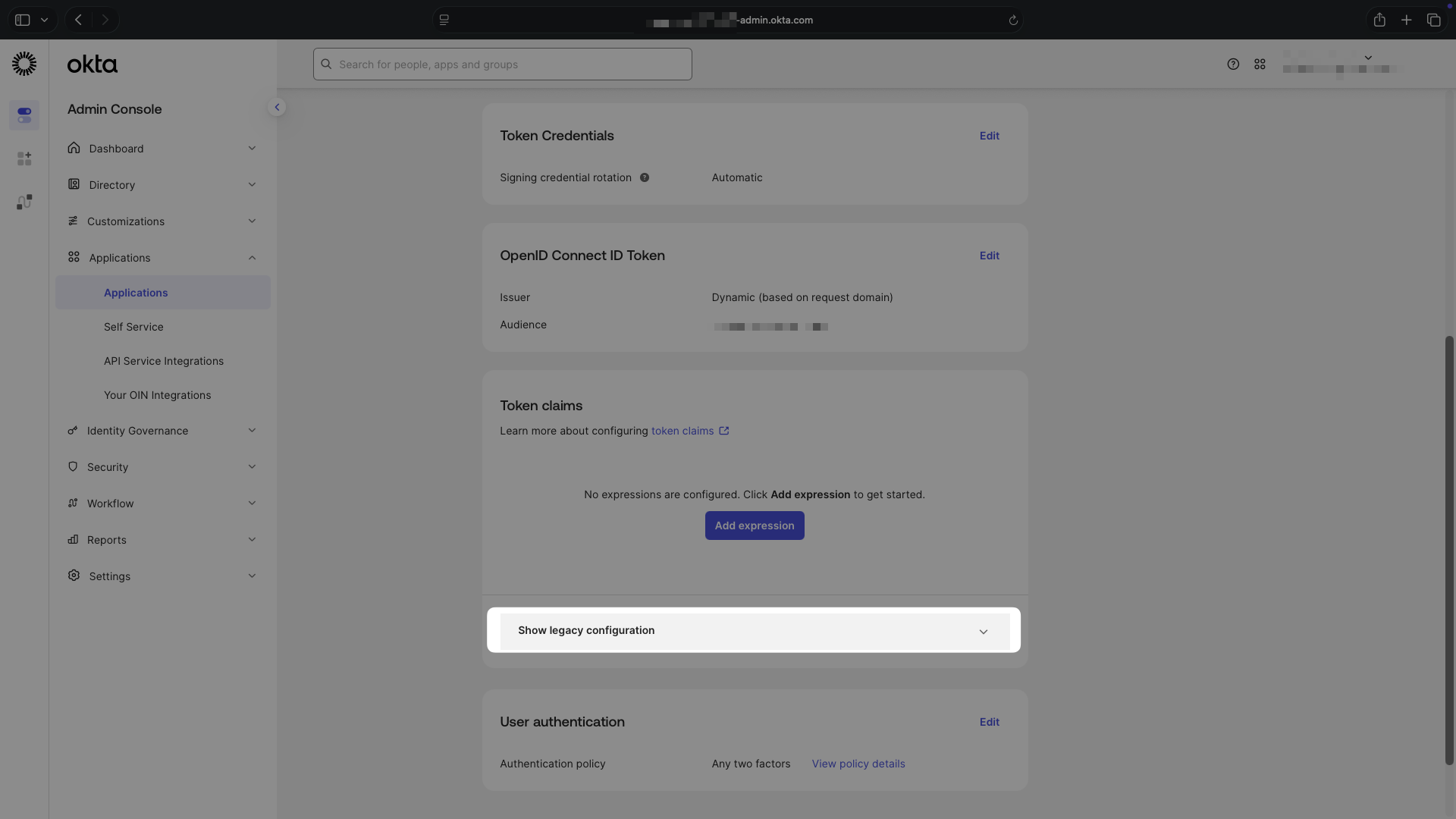 Okta app Token Claims section and Show legacy configuration section
