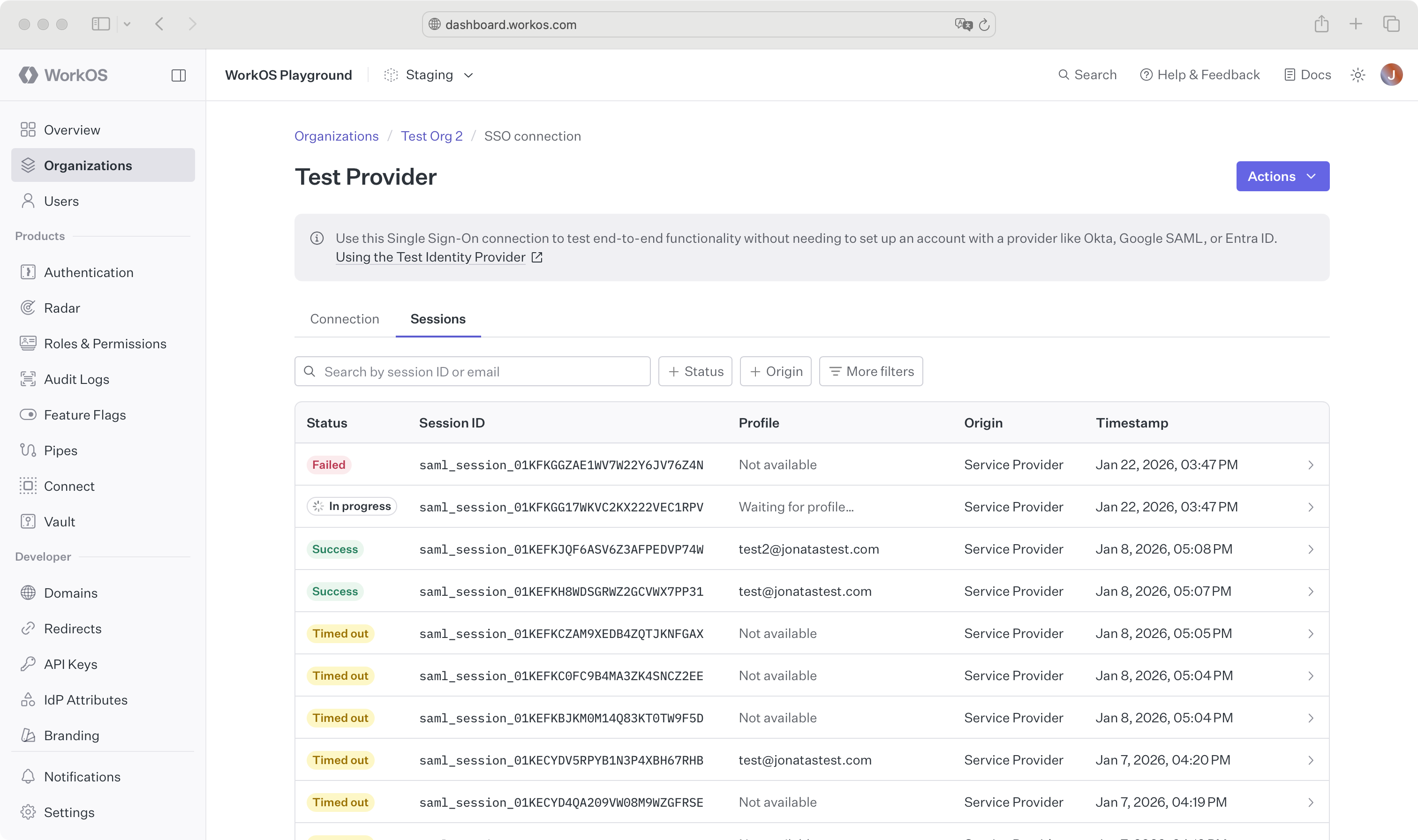 A screenshot showing the WorkOS Dashboard SSO screen and how to navigate to the "Sessions" tab.