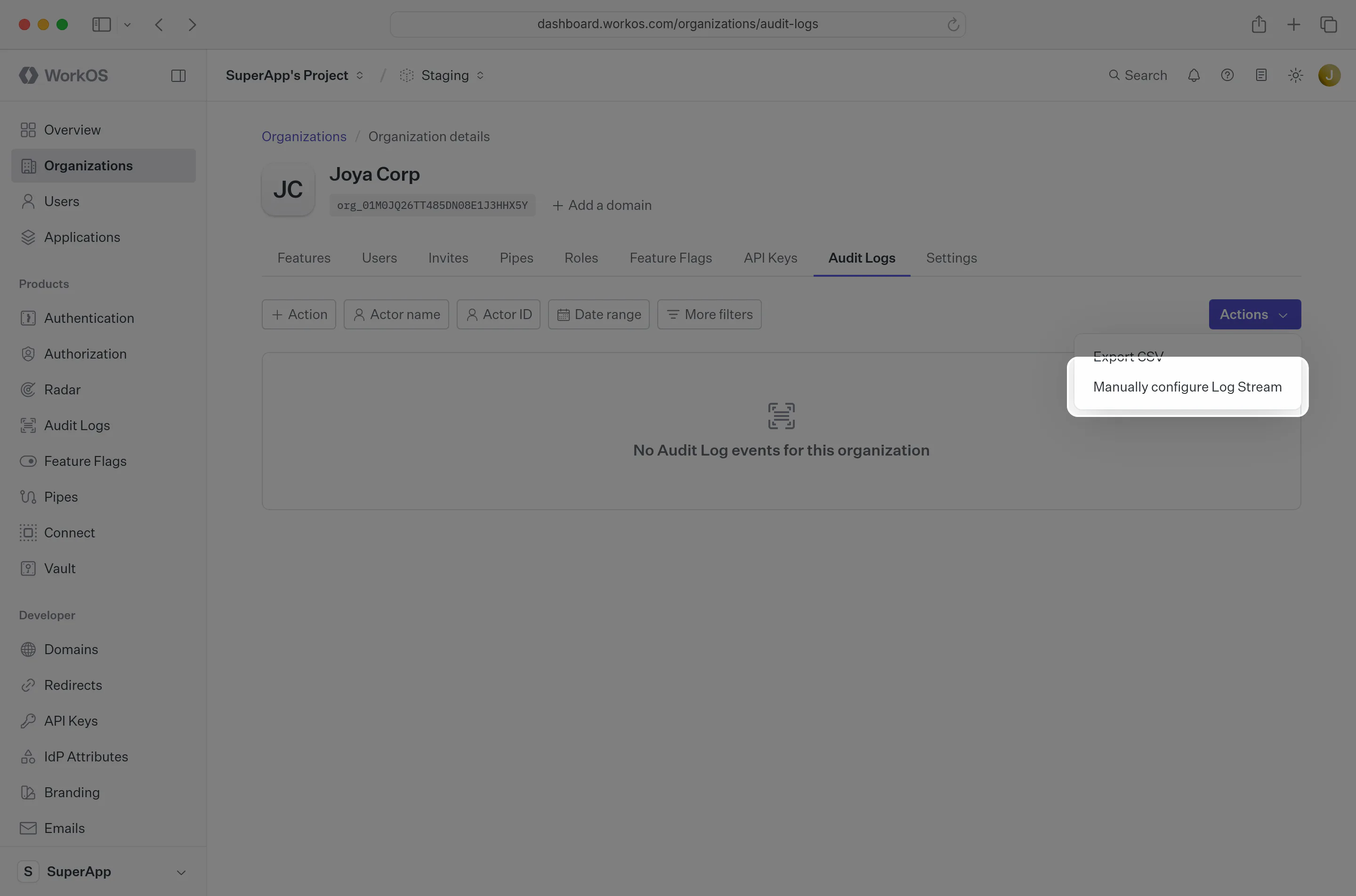 A screenshot showing where to find “Configure” in the WorkOS Dashboard.