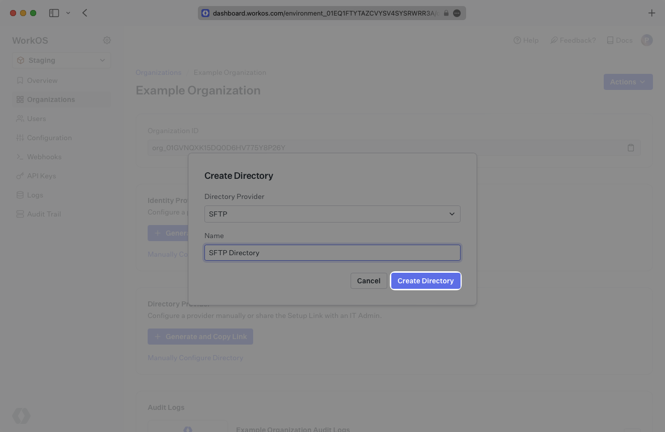 A screenshot showing how to create a directory in the WorkOS Dashboard.