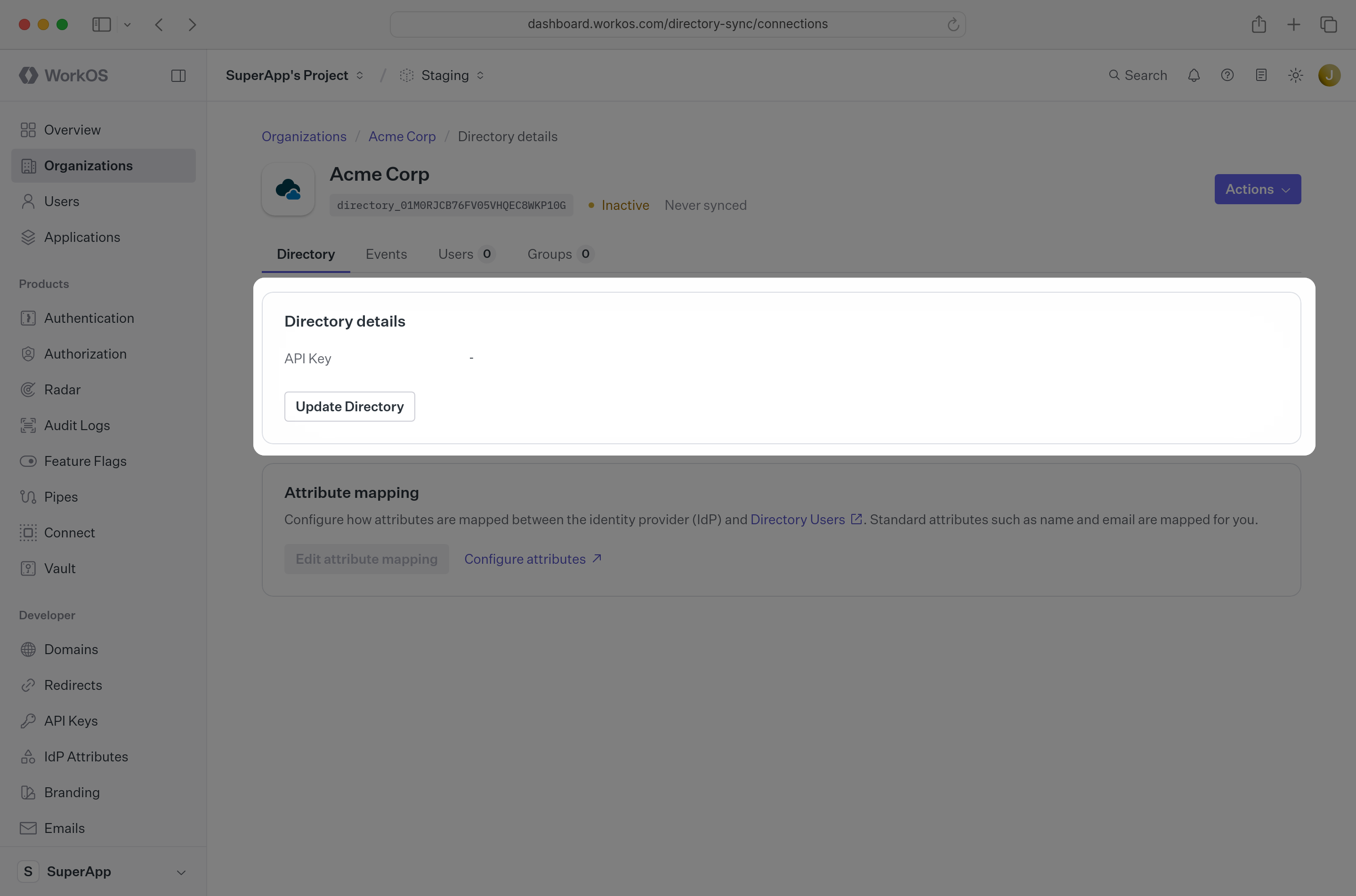 A screenshot showing where to select “Update Directory” in the WorkOS dashboard.