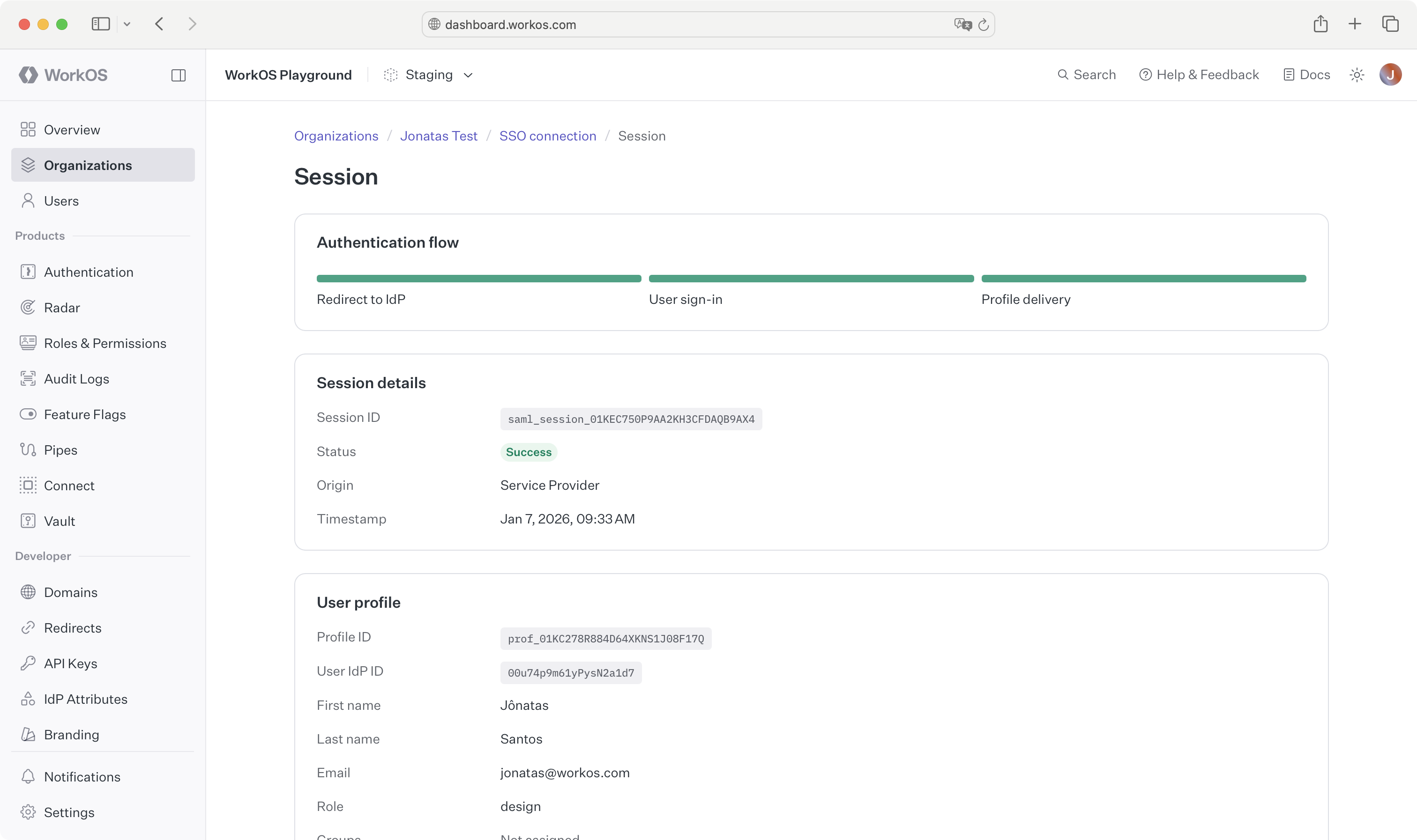 A screenshot showing the "Session Details" within the WorkOS Dashboard SSO screen.