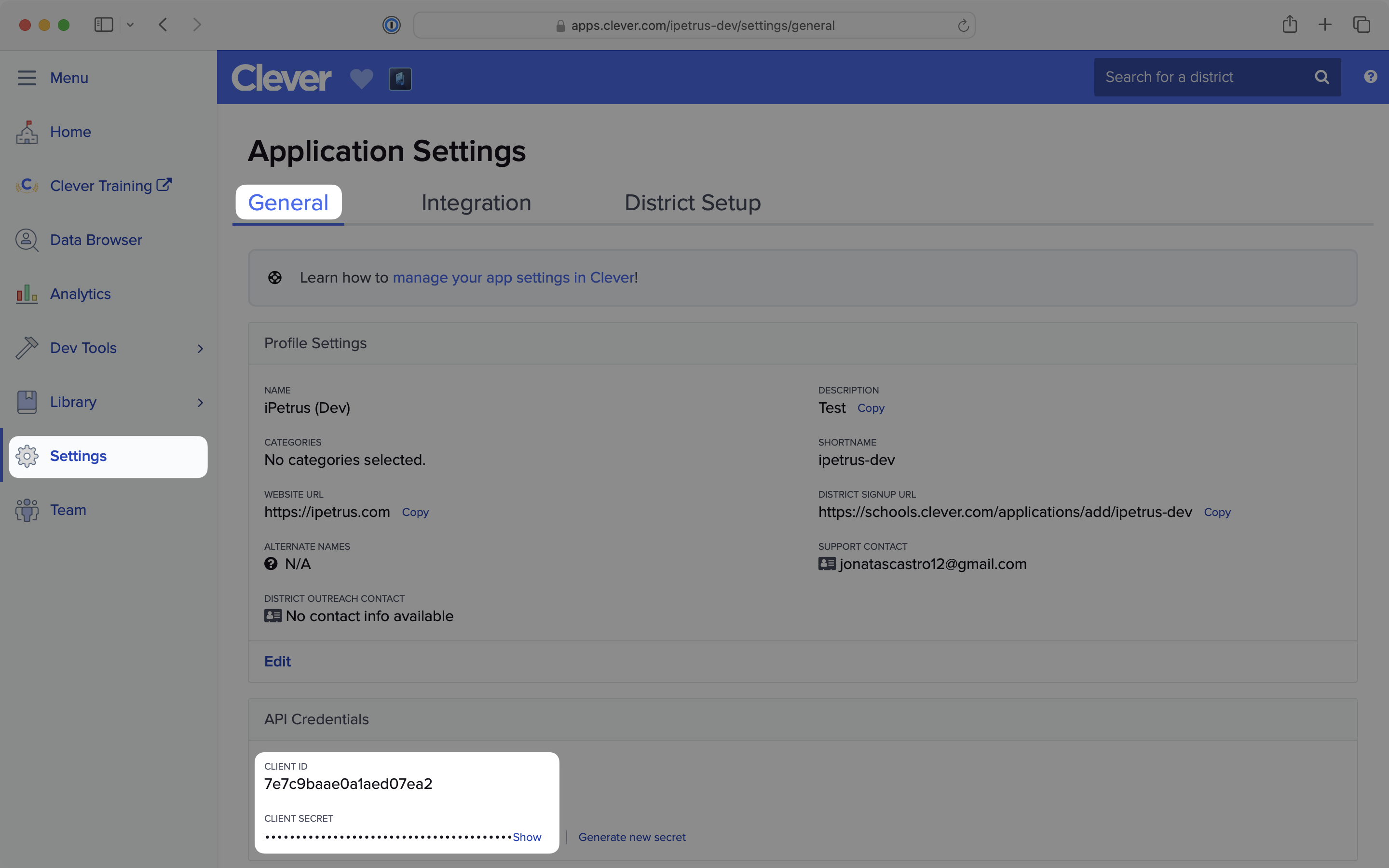 Copying the client id and secret from the Clever admin dashboard