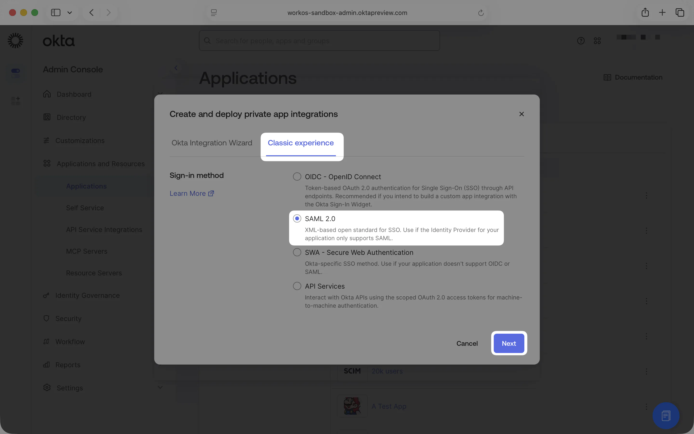 A screenshot showing the sign-in method selection in the Okta Dashboard.
