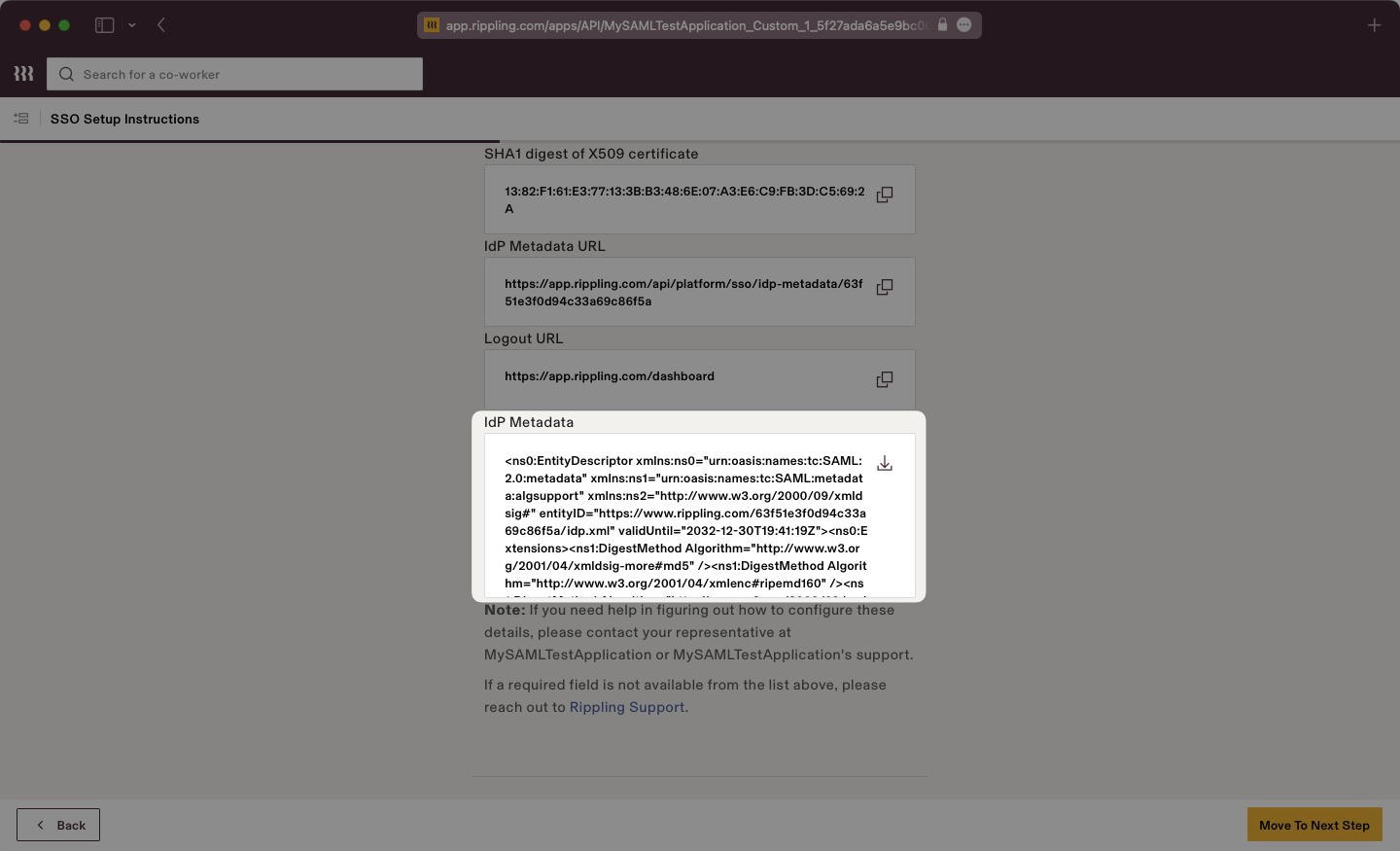 A screenshot showing where to download the IdP Metadata in the Rippling dashboard.