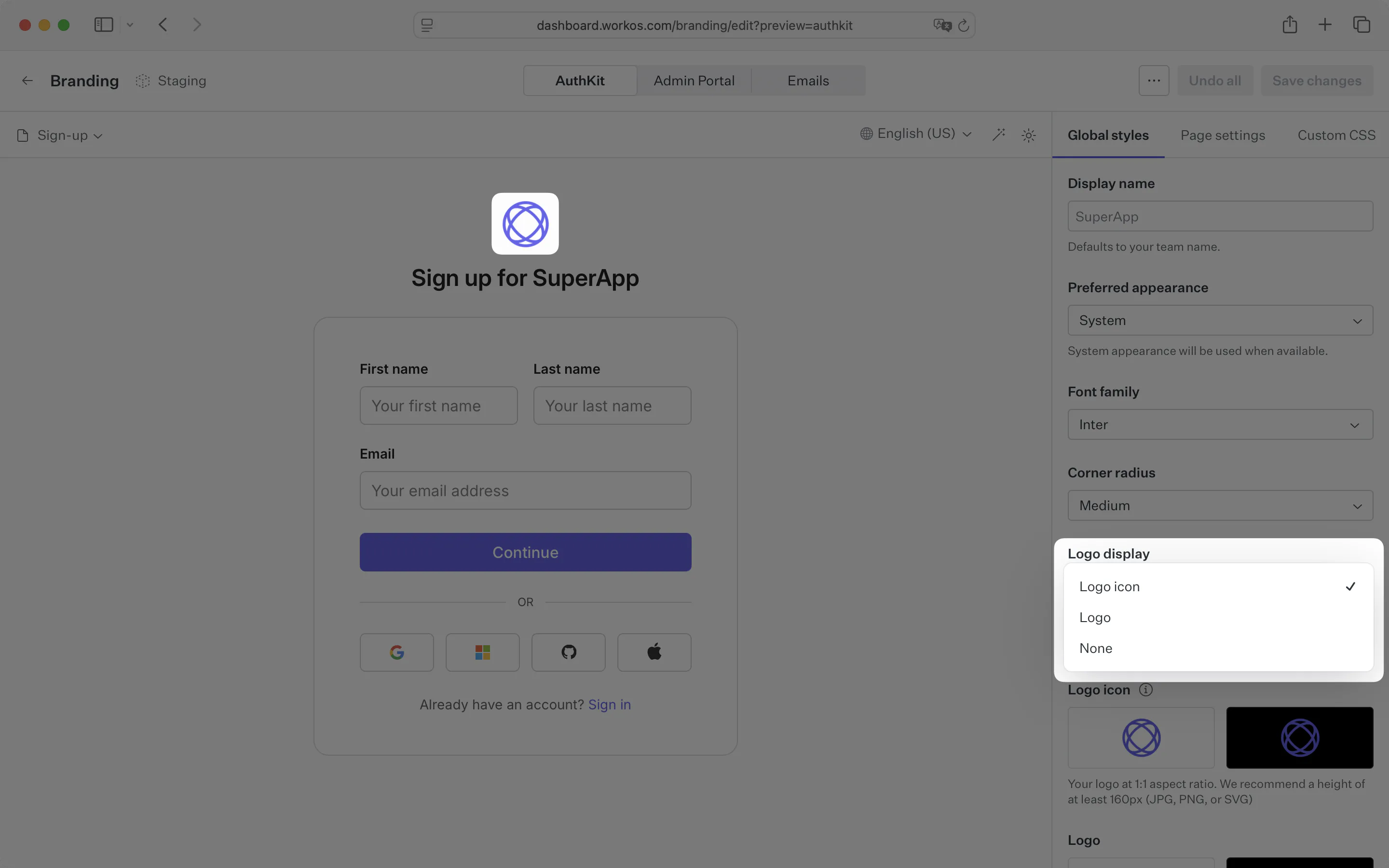 Logo display select open in the brand editor