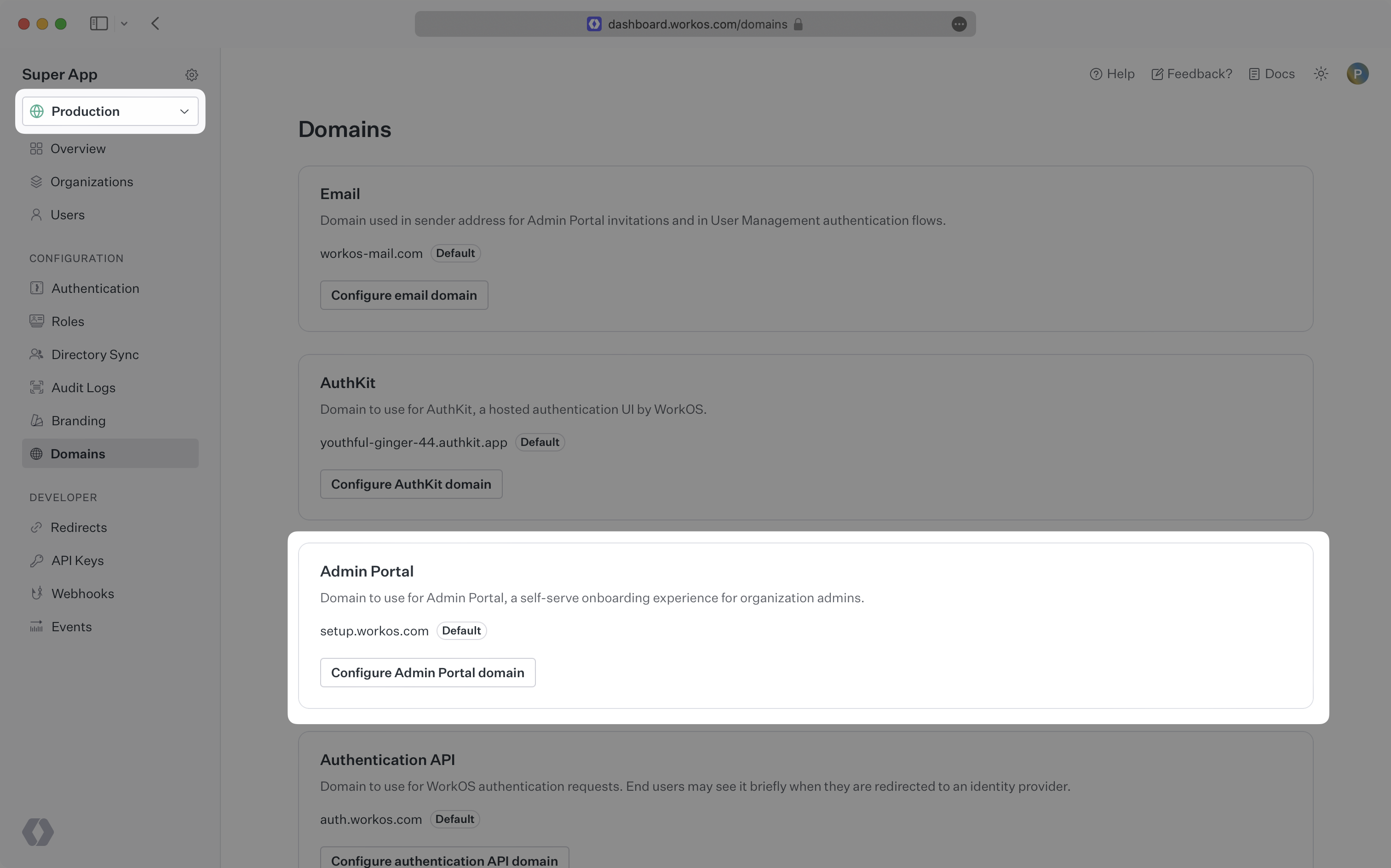 A screenshot showing the WorkOS Dashboard branding settings page highlighting the custom domains section