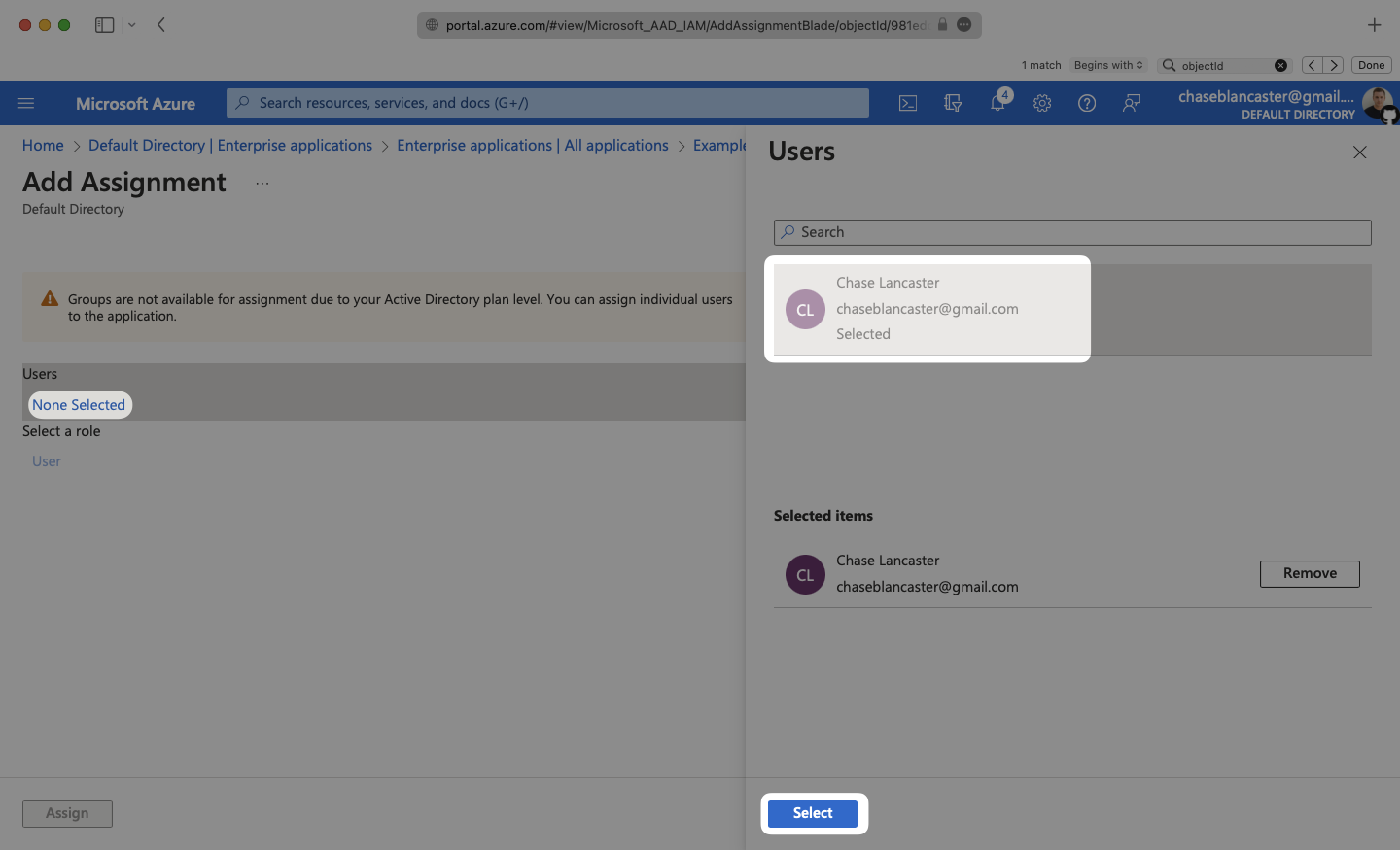 A screenshot showing where to select users for a SCIM application in Azure.