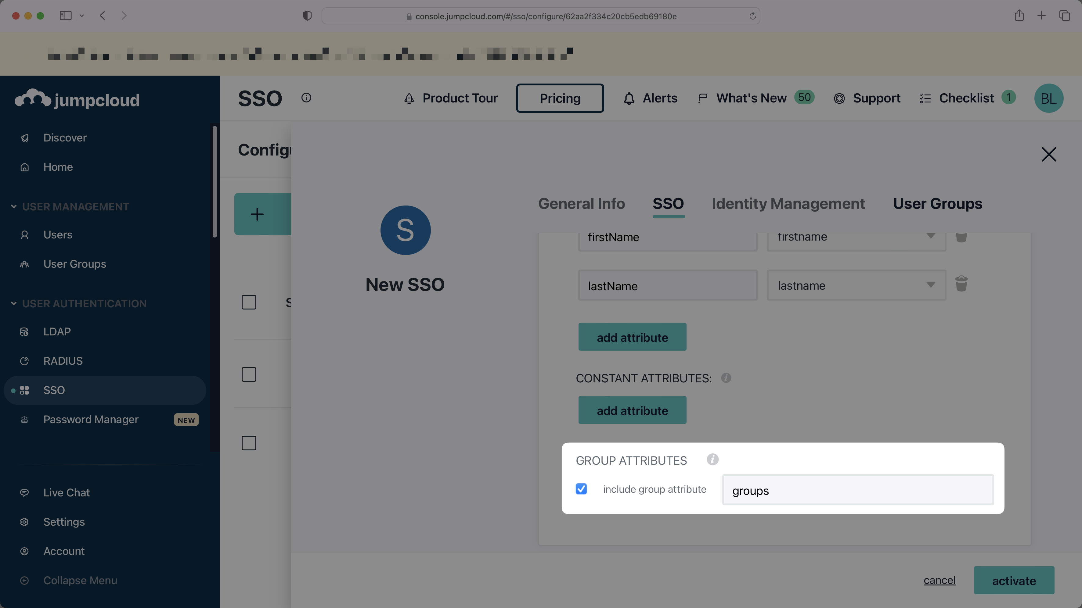 A screenshot showing 'Group Attributes' in the JumpCloud Admin Console.