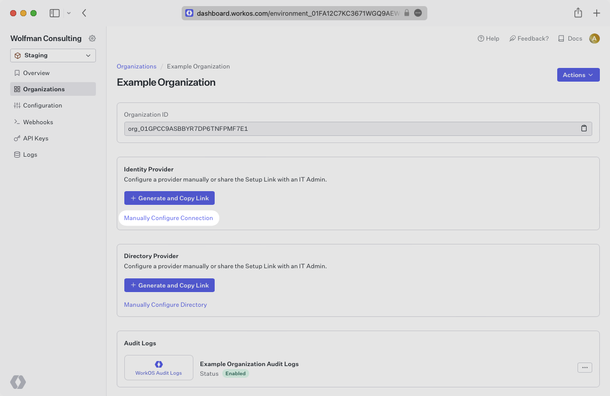 A screenshot showing where to find "Manually Configure Connection" in the WorkOS Dashboard.