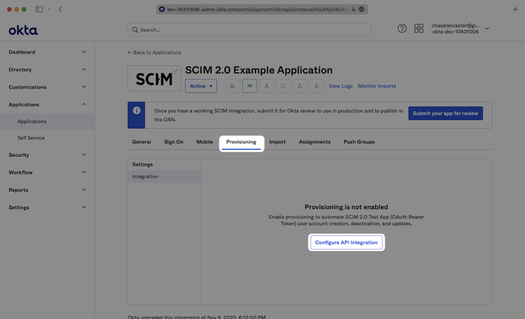 A screenshot showing where to navigate to the "Provisioning" tab to click "Configure API Integration" in Okta.