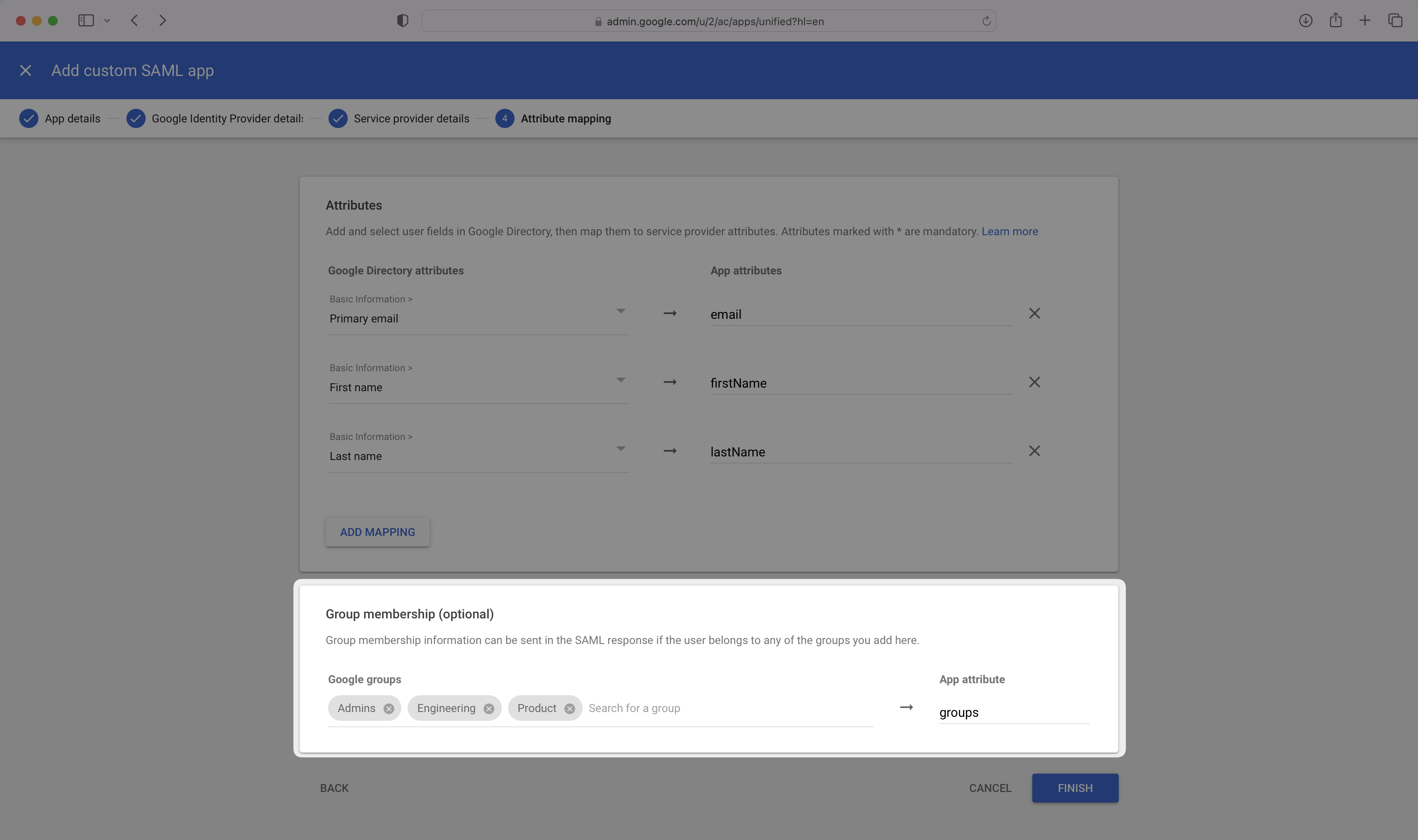 A screenshot showing how to add a group attribute in the Google dashboard.