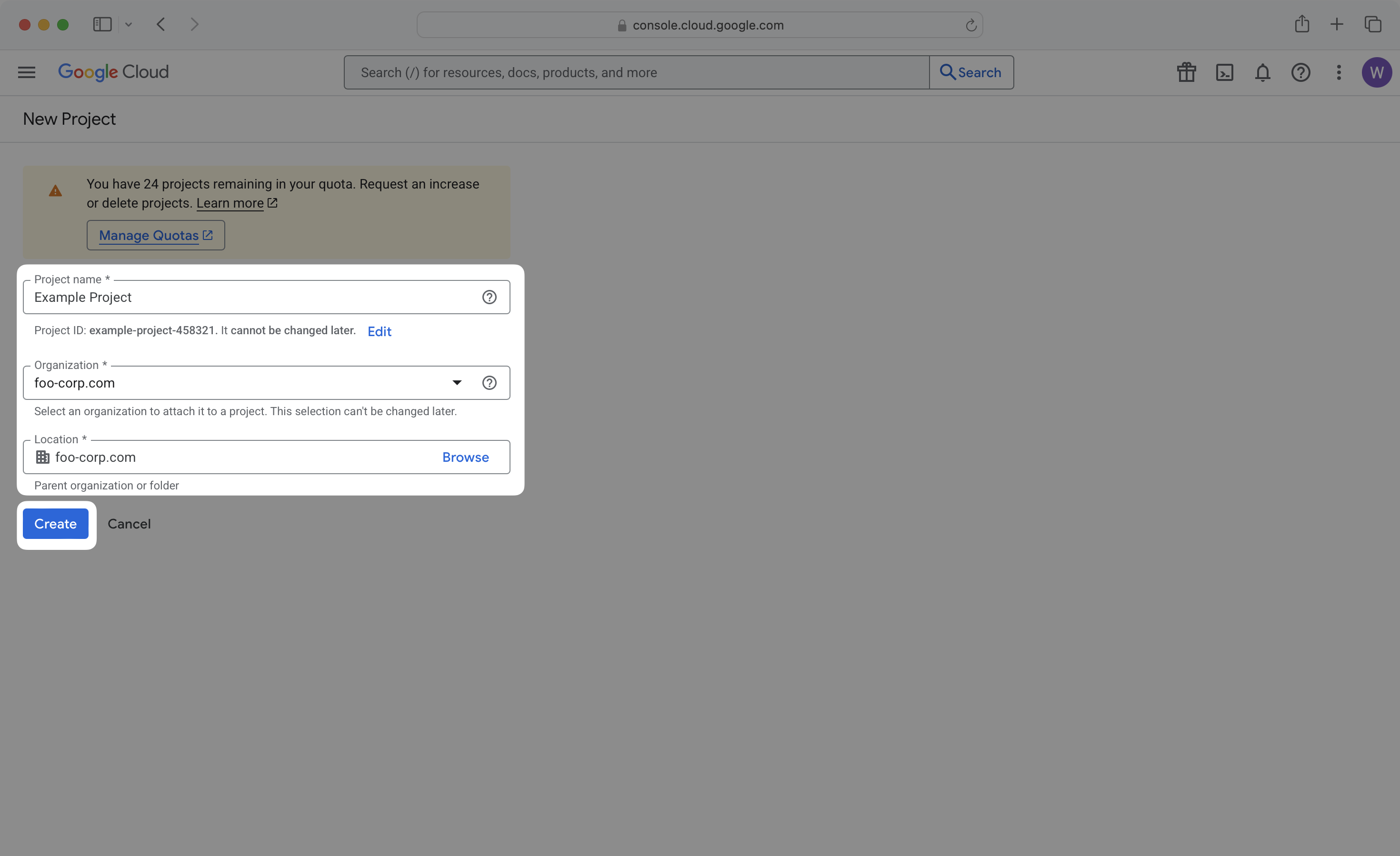 Google Cloud project creation form with project name, organization, and location fields