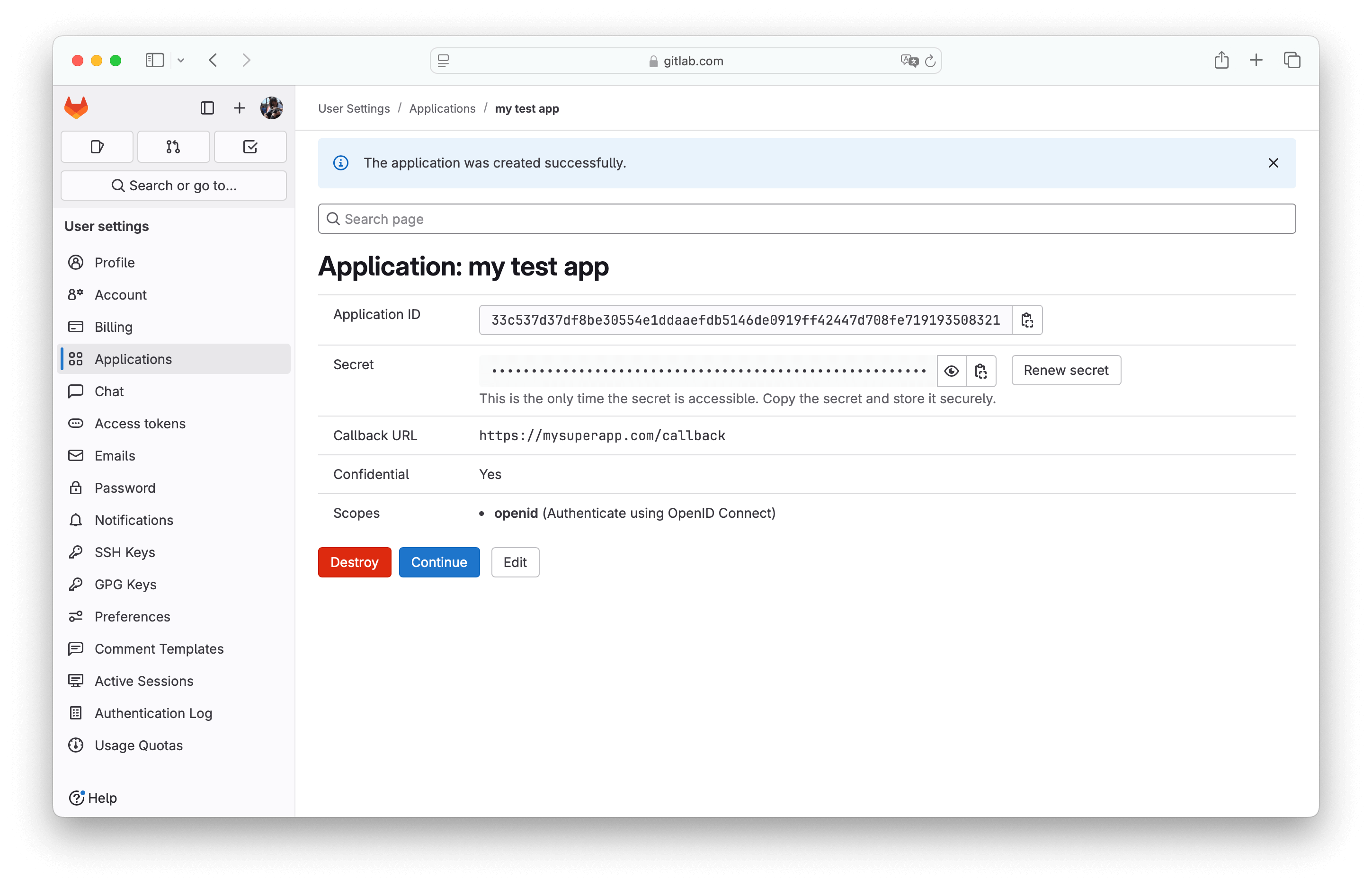 OAuth client credentials in the GitLab application settings.