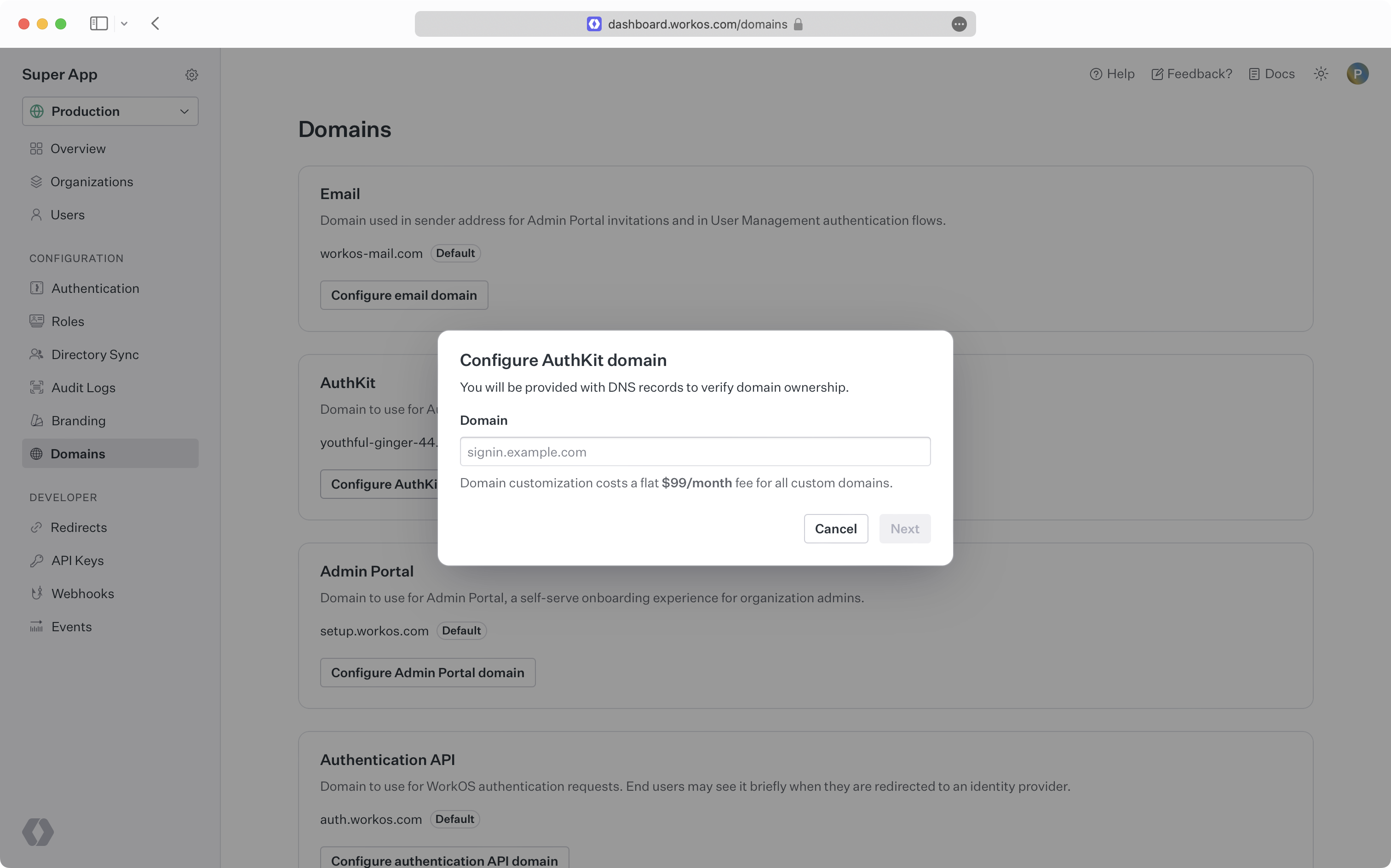 Dashboard displaying a domain entry input