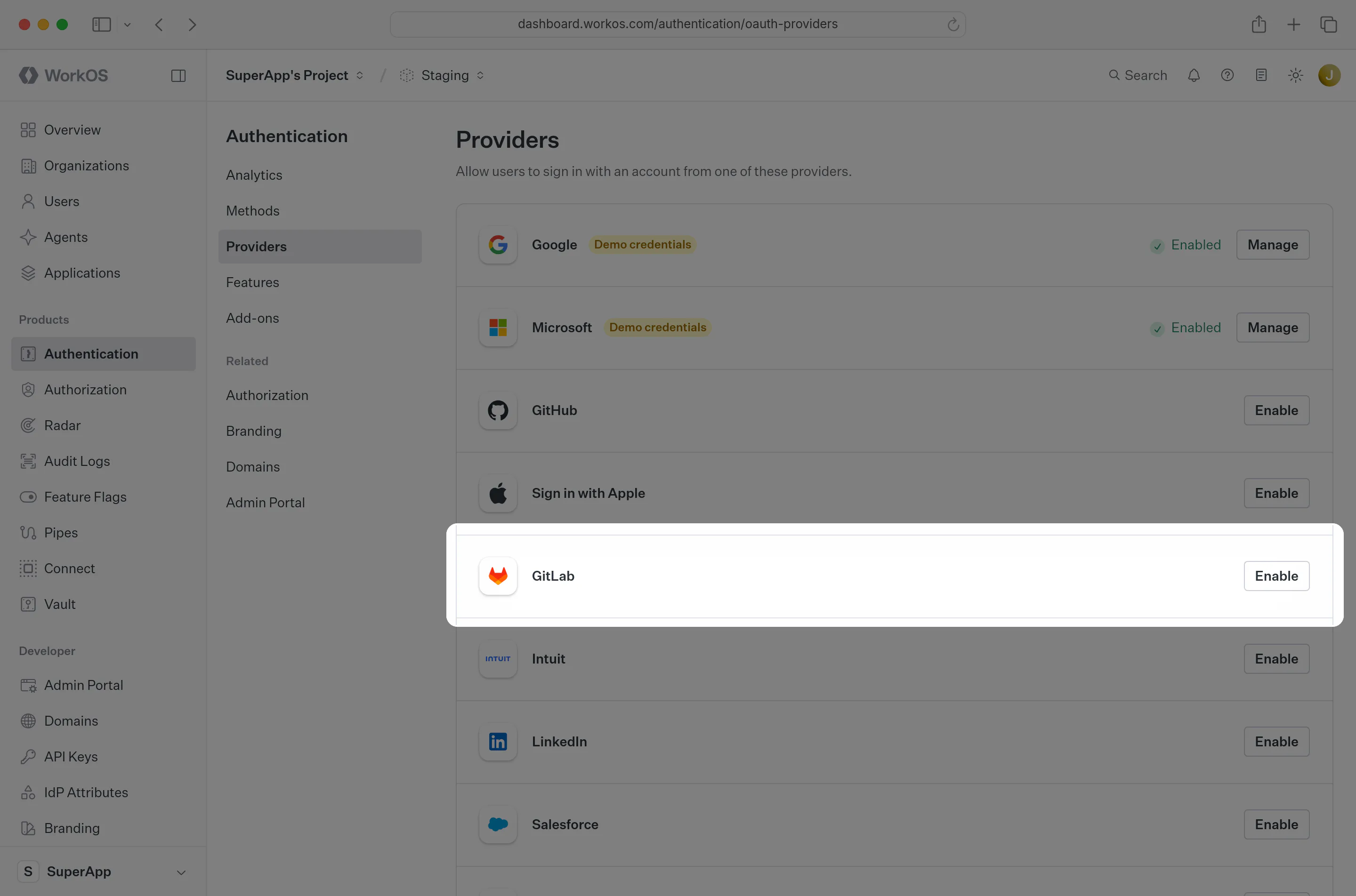 The GitLab OAuth section in the WorkOS Dashboard