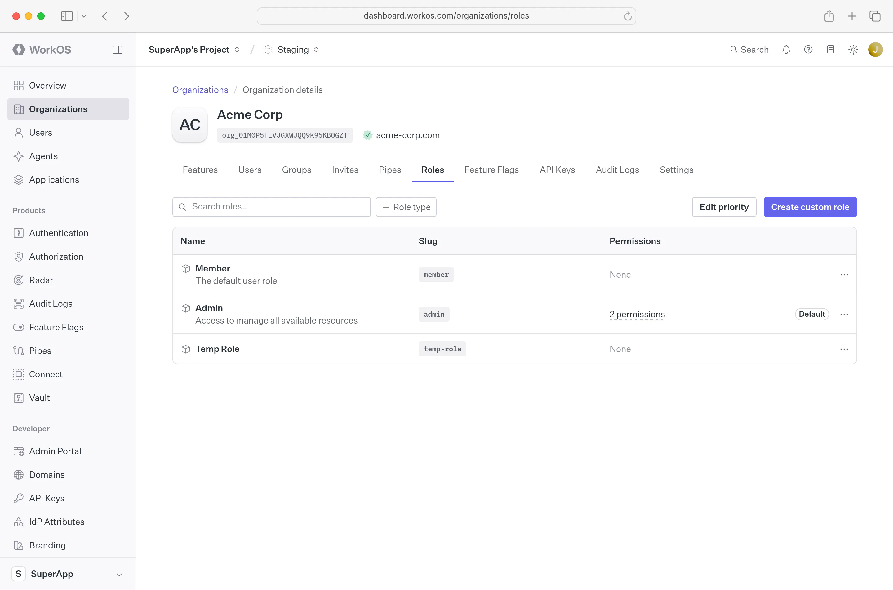 Roles tab for organization