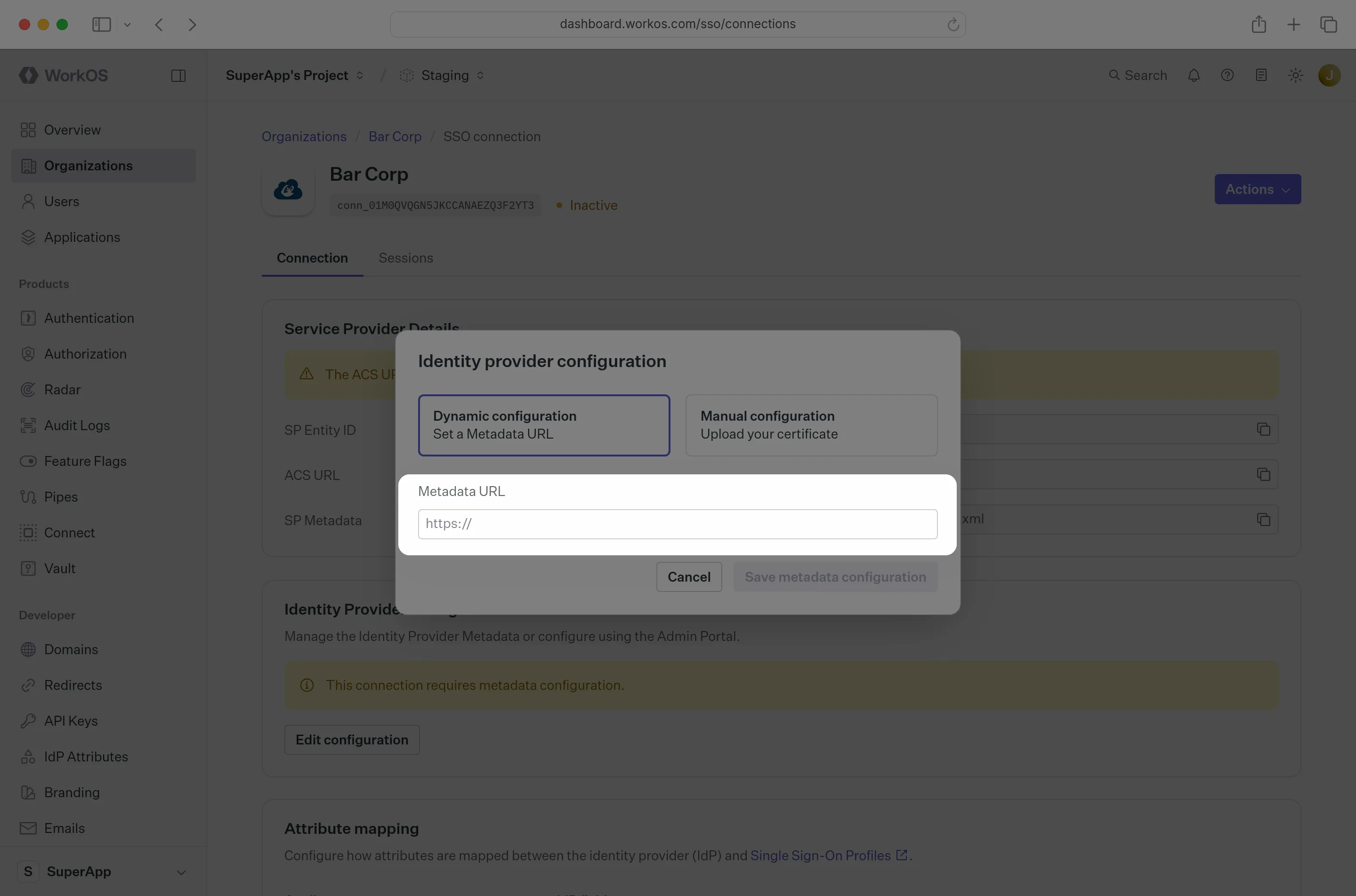 A screenshot showing how to input the Metadata URL into the Connection in the WorkOS Dashboard.