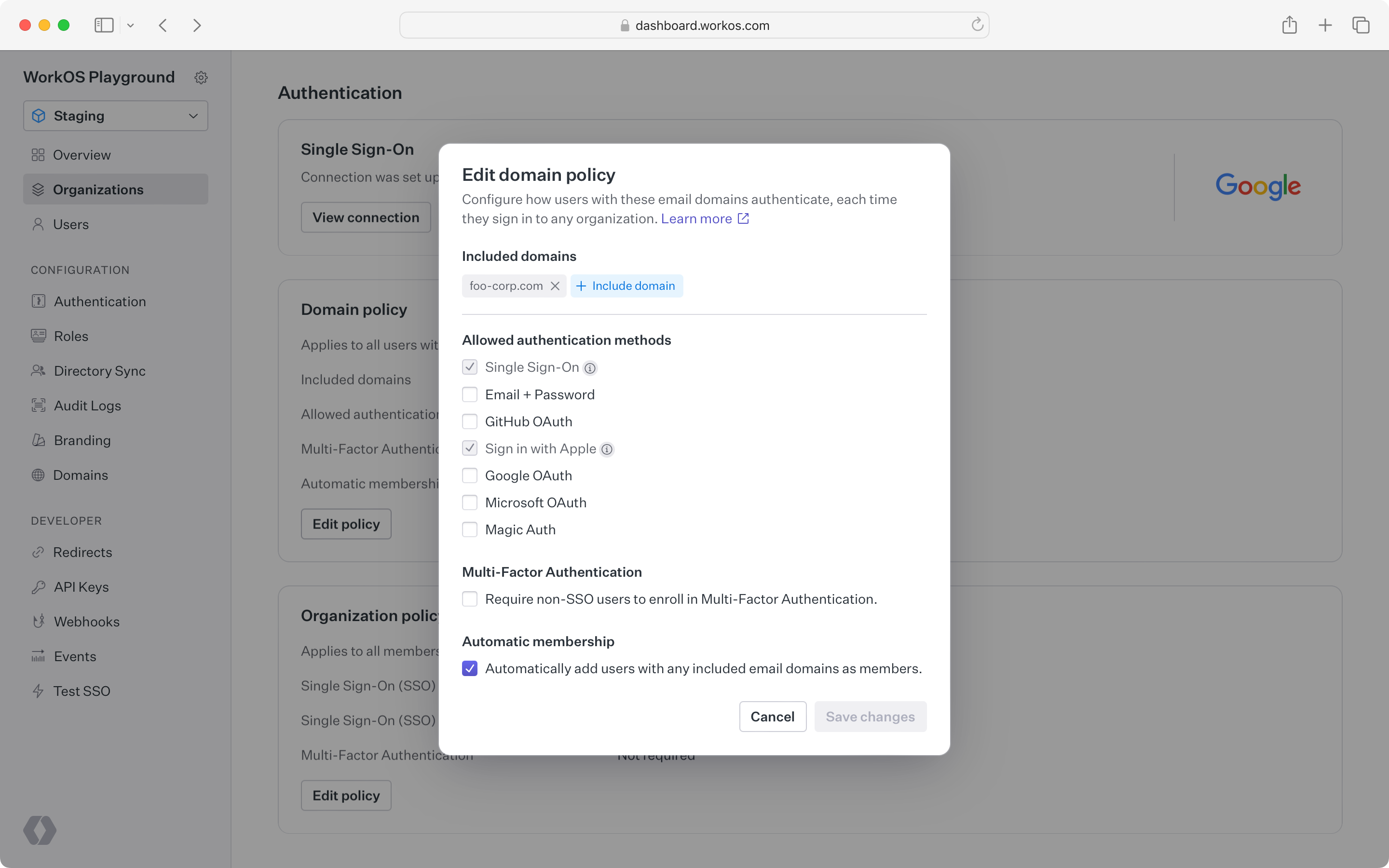 Configuring a domain policy in the dashboard