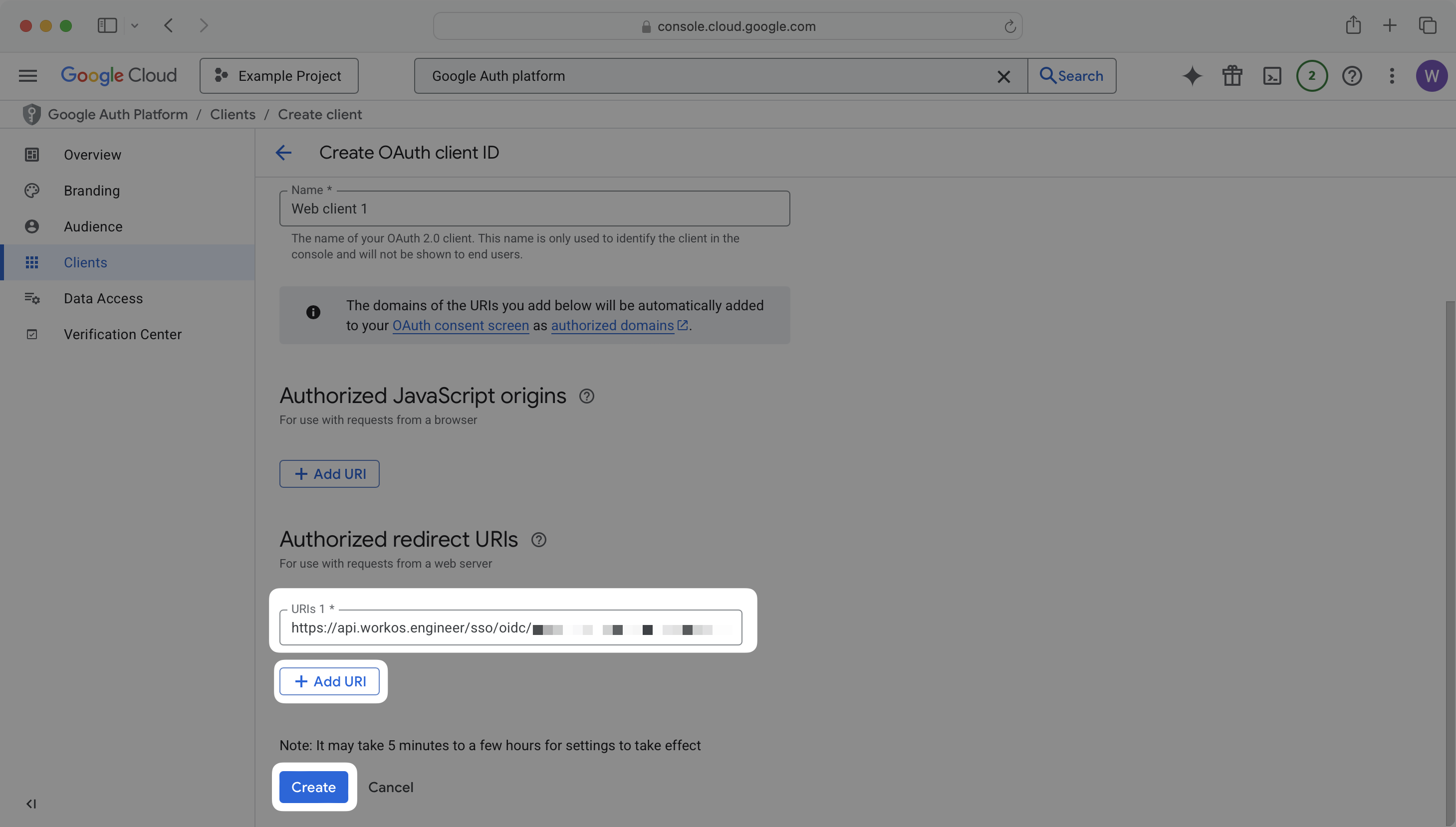Authorized redirect URIs section with Add URI button and WorkOS redirect URI field