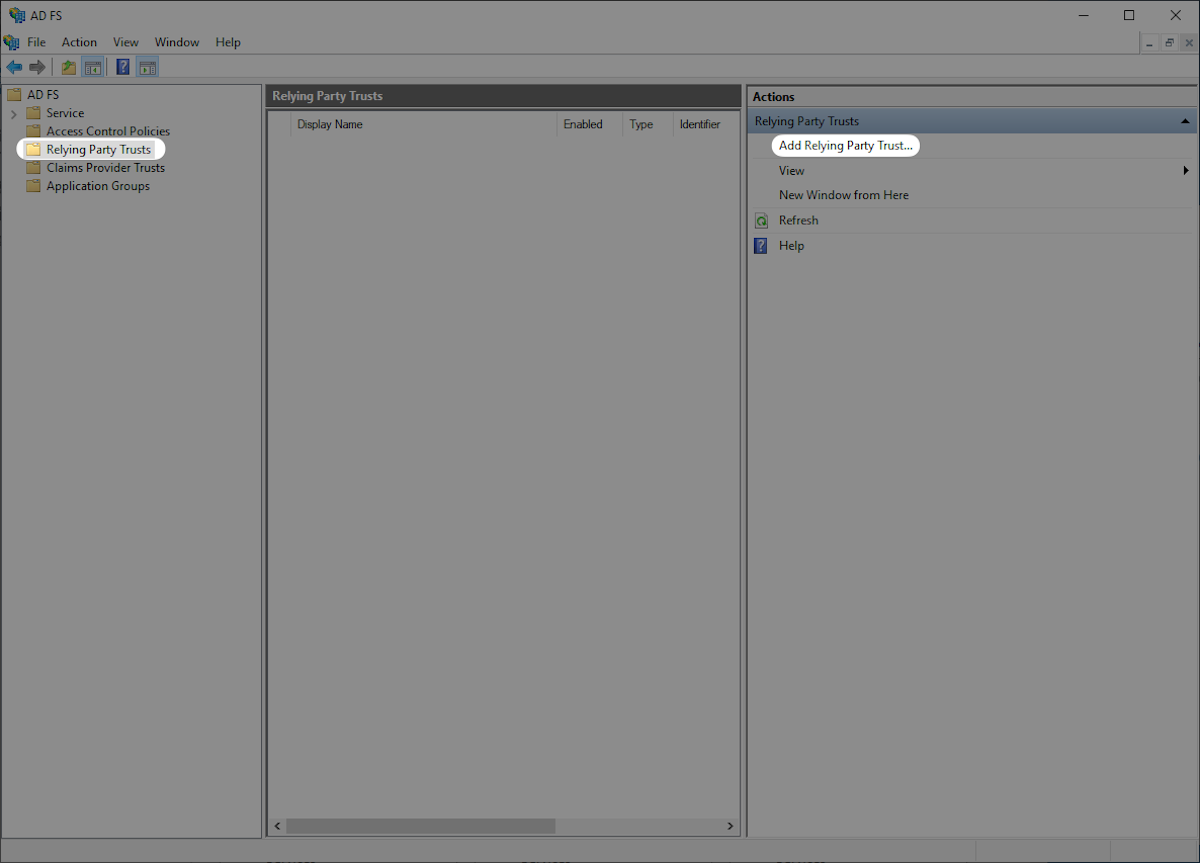 A screenshot showing where to add the AD FS Relying Party Trust.