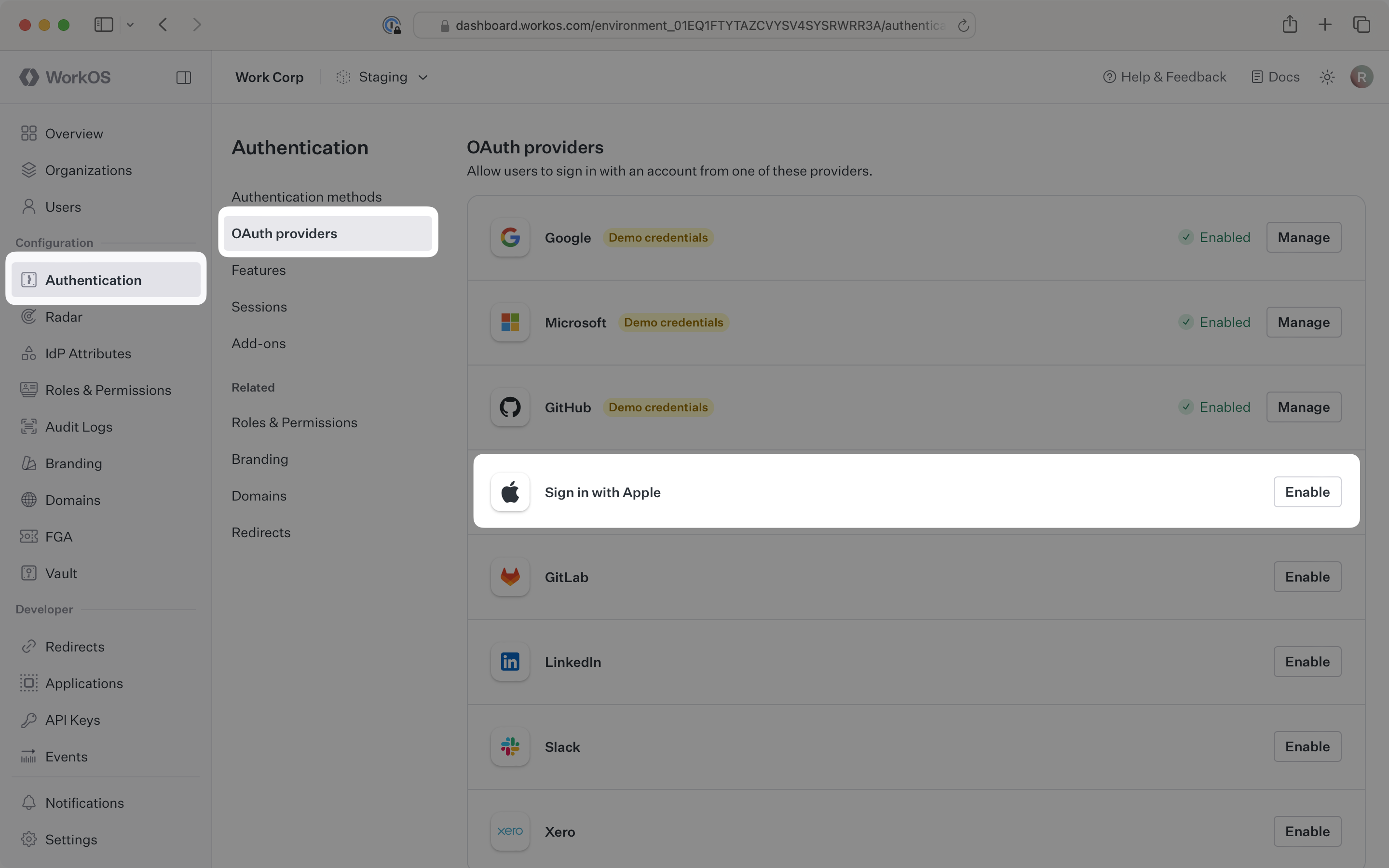 Open the Sign in with Apple configuration dialog
