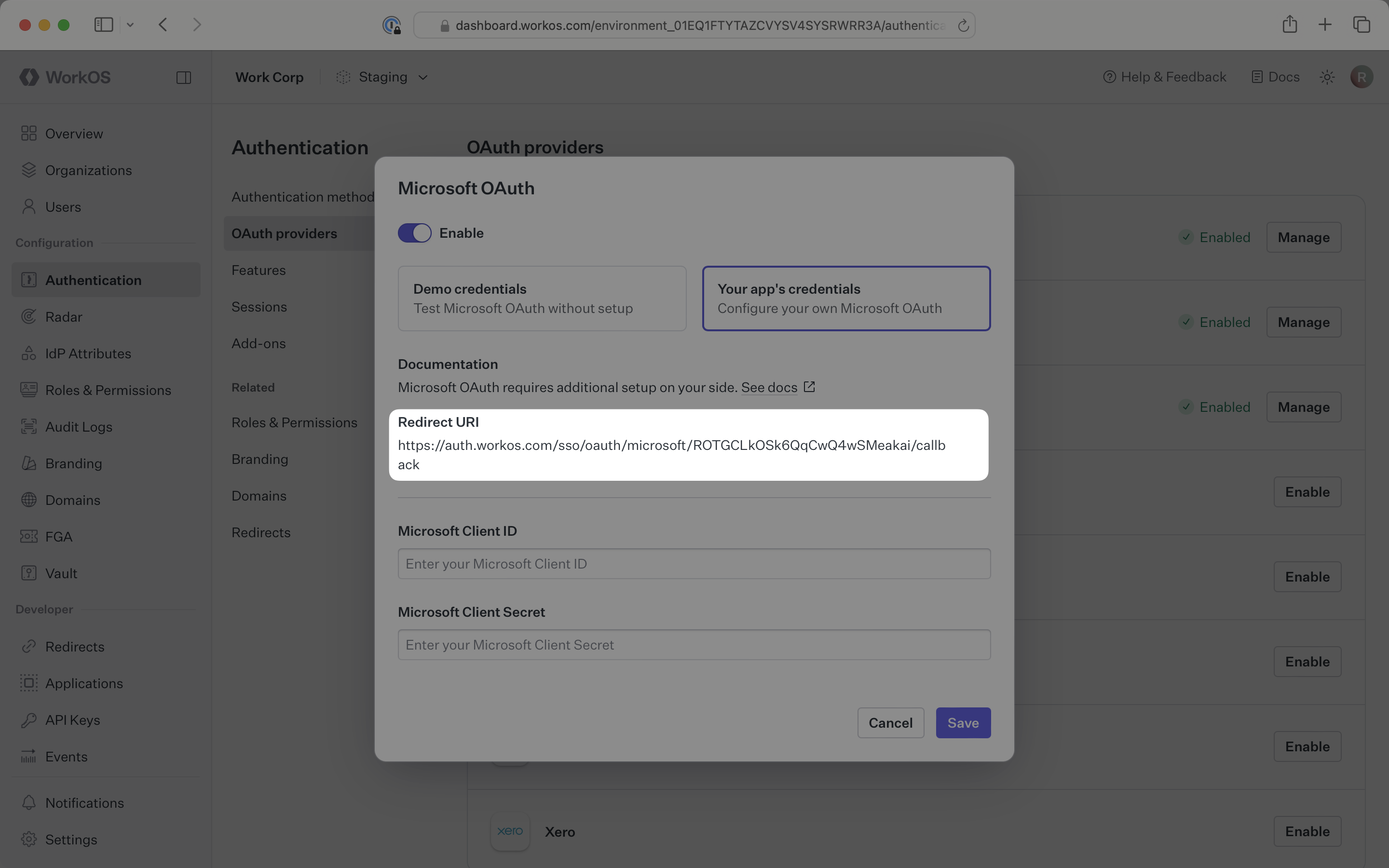 Microsoft OAuth Redirect URI in the WorkOS Dashboard.