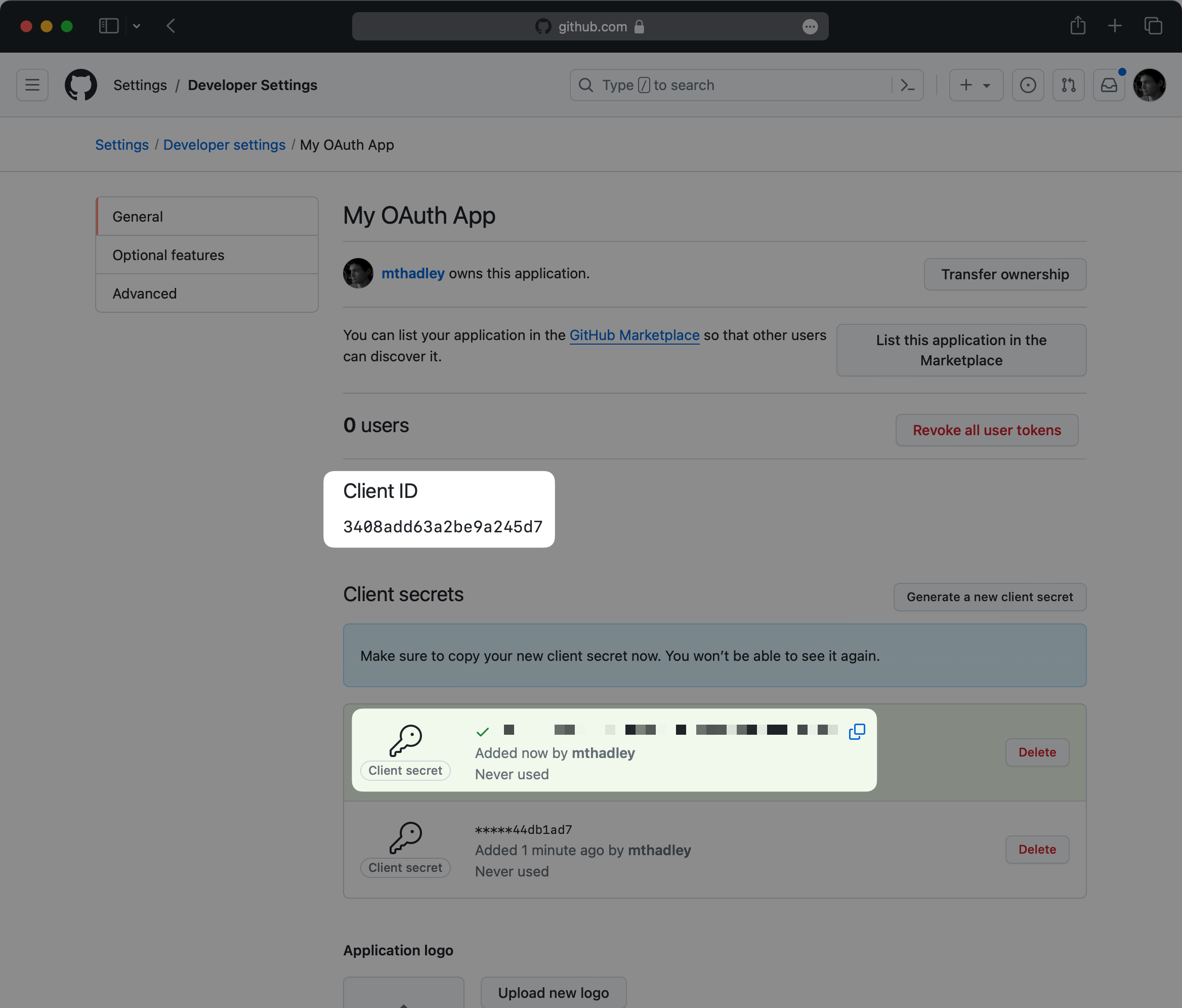 The Client ID and Client Secret in GitHub