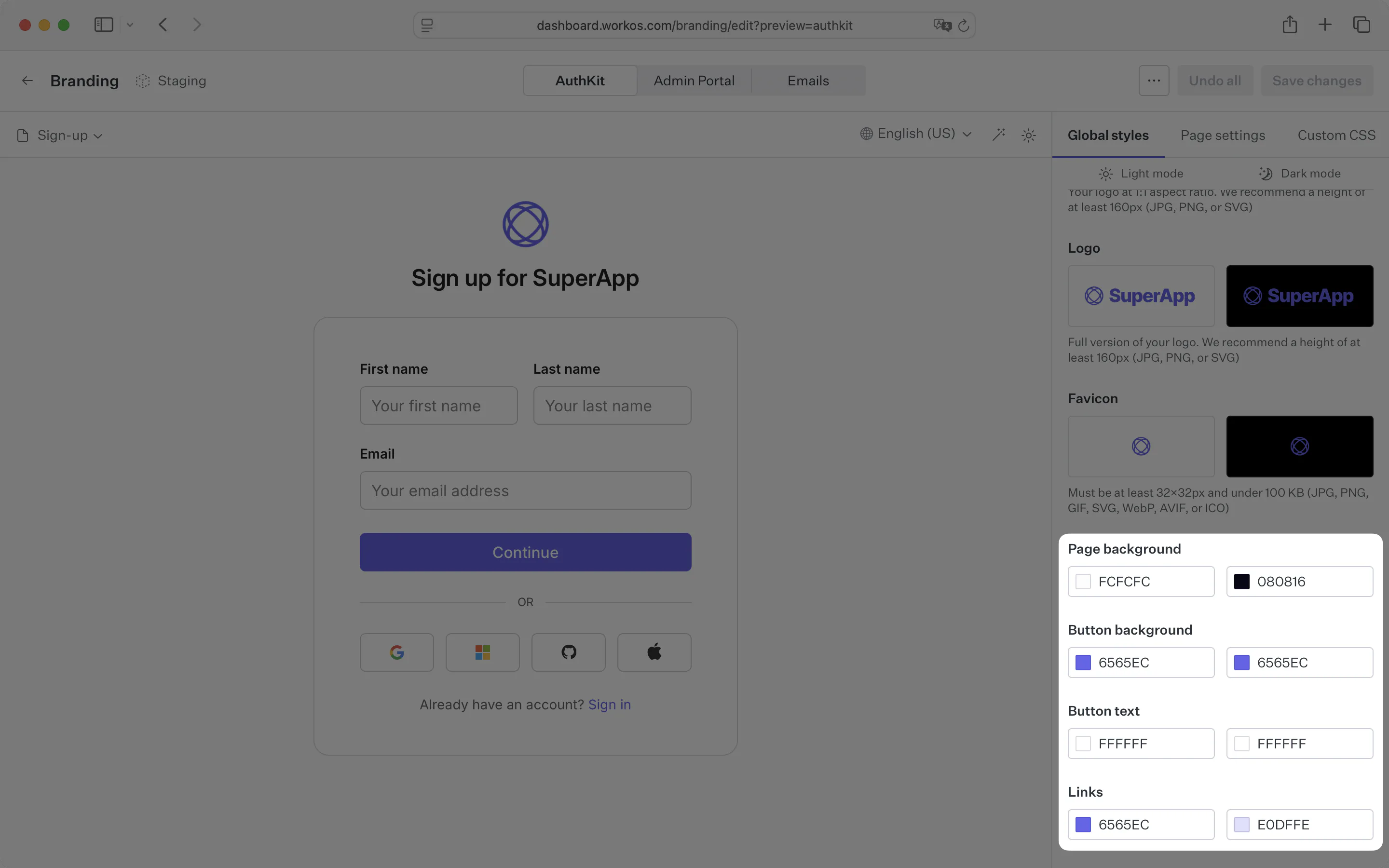 Color options in the brand editor