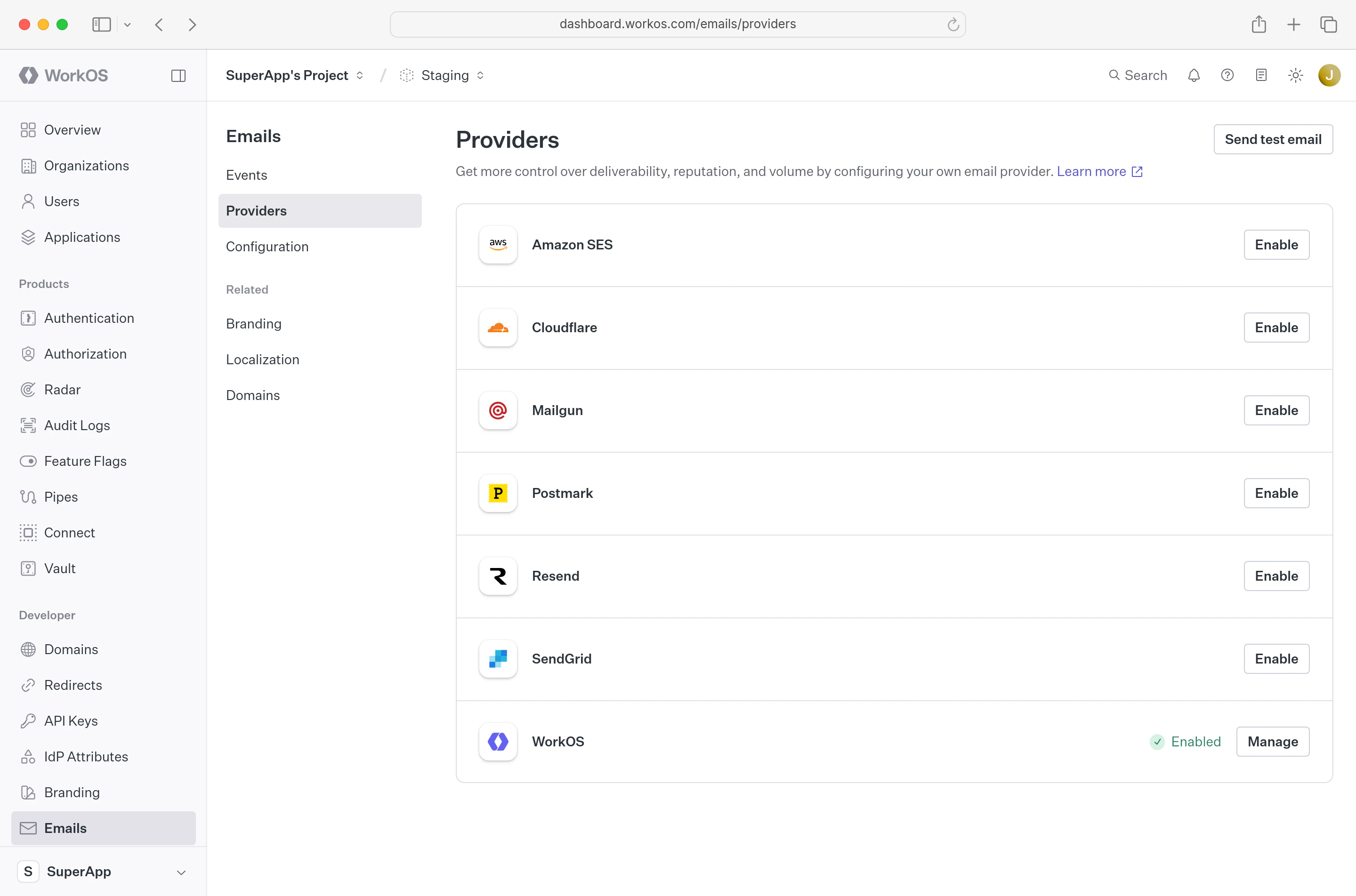 A screenshot showing the WorkOS Dashboard email providers page